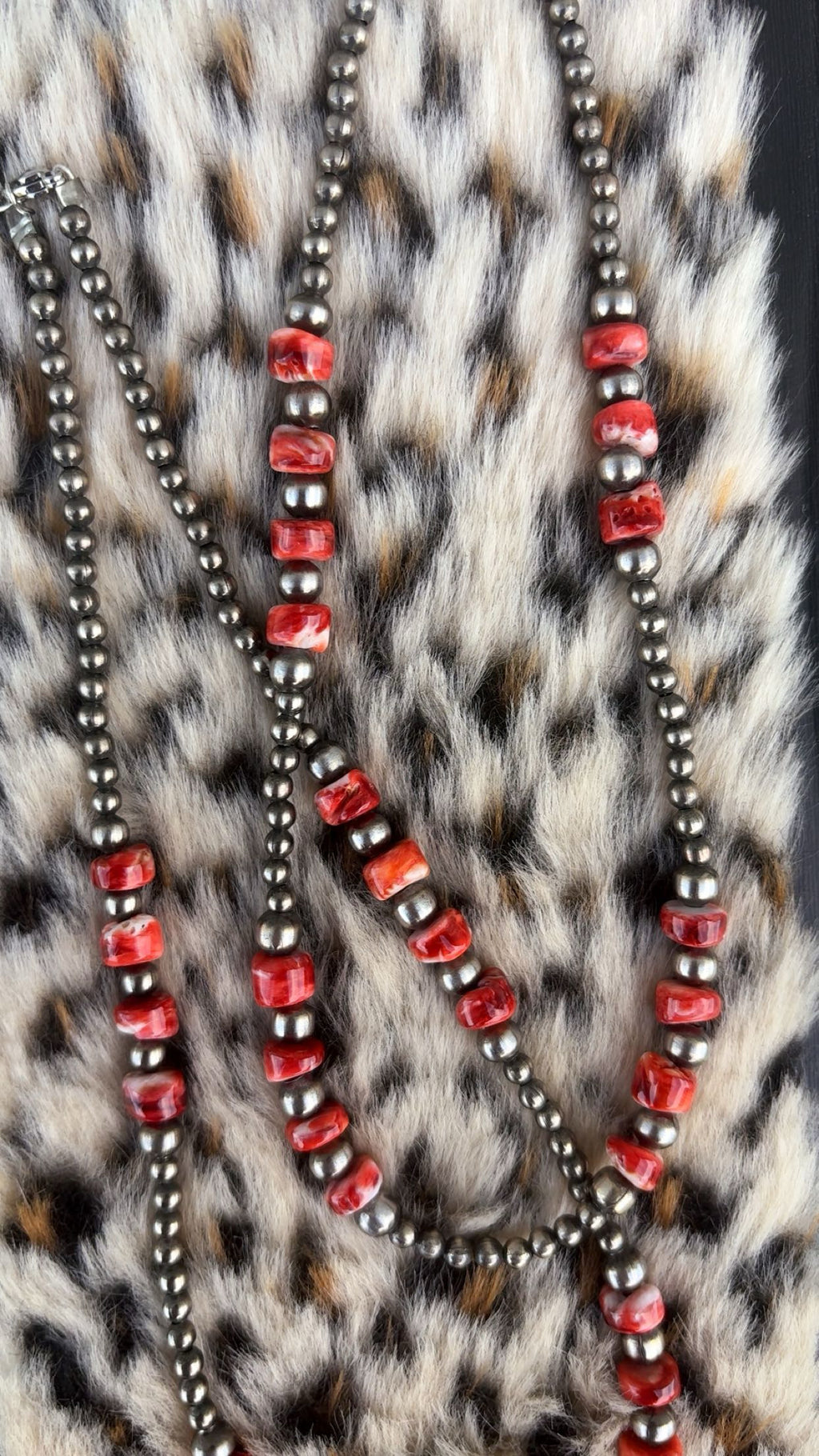 Red Spiny German Silver Navajo Graduated Pearls (16”) with extender