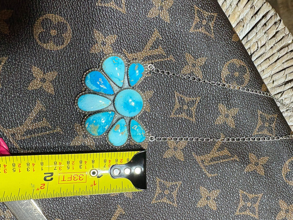 BLUEBIRD TURQUOISE STATEMENT CLUSTER NECKLACE: Sterling Silver 925 (2 1/8” by 1.5”) 20” adj chain