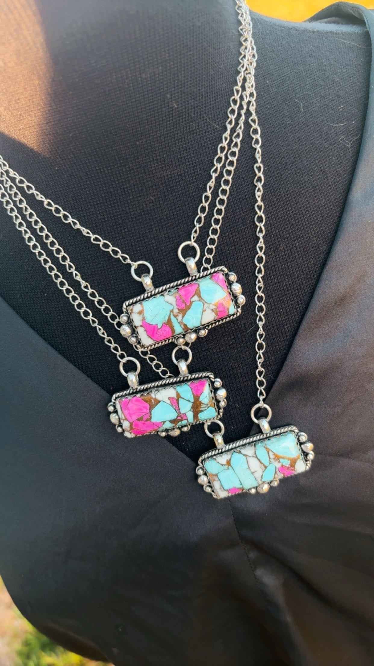 COTTON CANDY JUMBO BAR NECKLACES: Sterling Silver Plated 1 3/4” by 3/4” & 20” adjustable chain