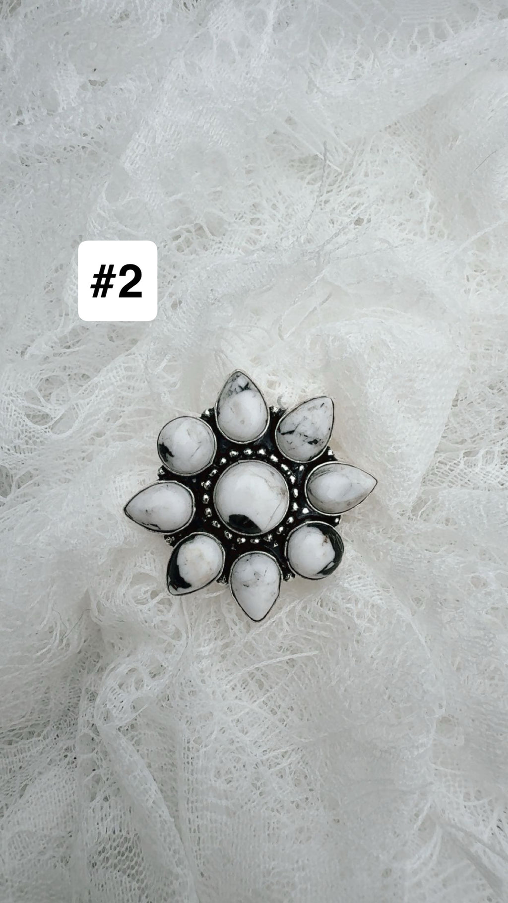 White Buffalo Flower Cluster Rings: Sterling Plated 925 (1 3/8”)