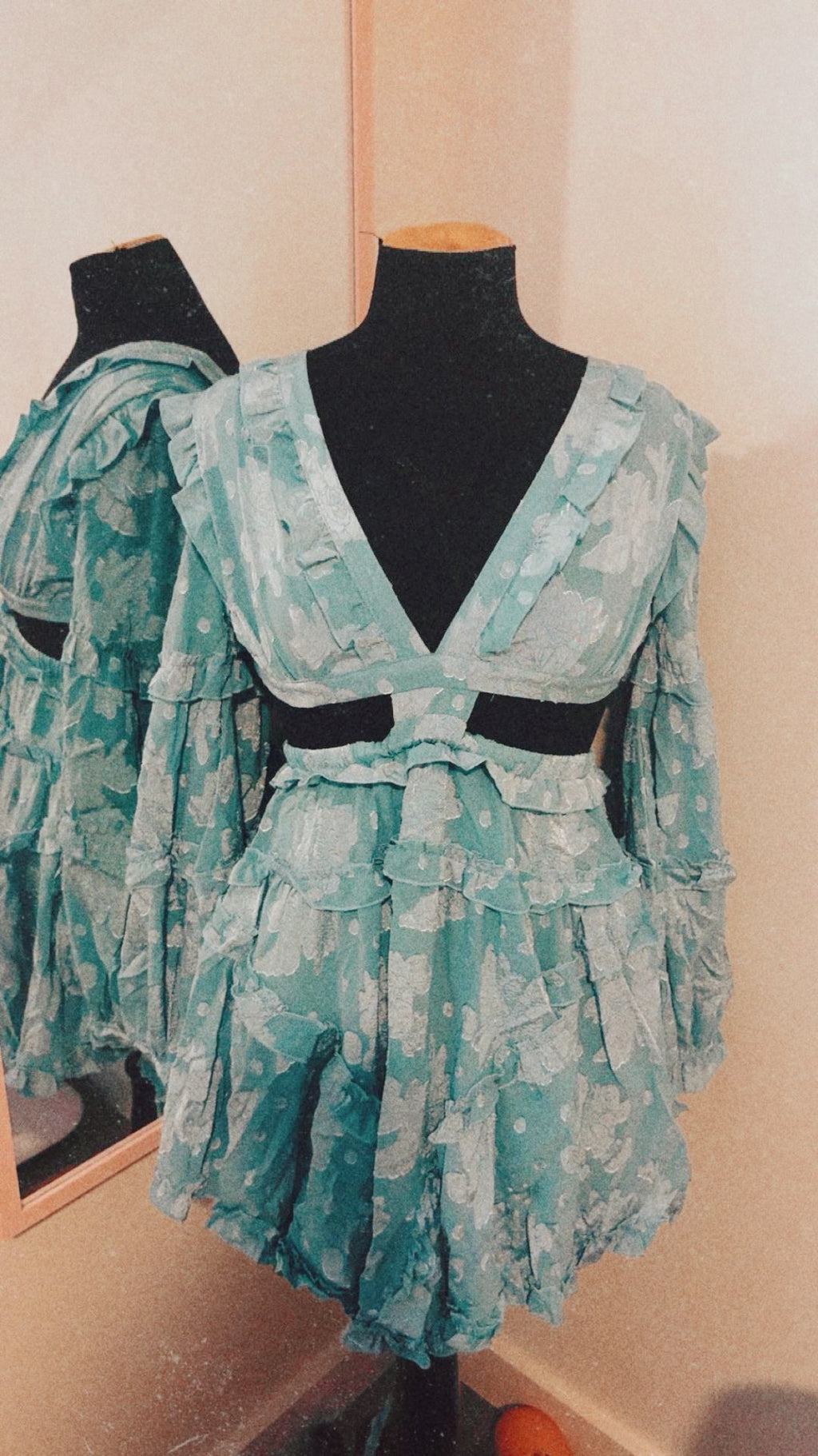 Baby Blue Floral Cutout Dress with Lace Back (PEACH LOVE BRAND)
