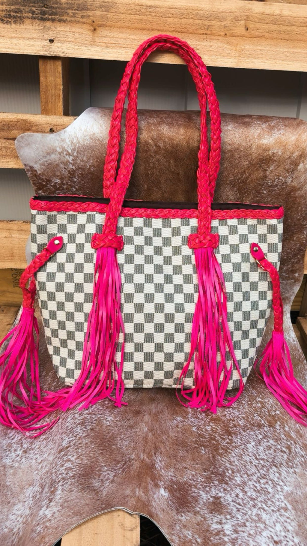 T&F “DOLLY” COWGIRL HOT PINK CHECKERED FRINGE TOTE🦩 (PRE-ORDER CUSTOM MADE)