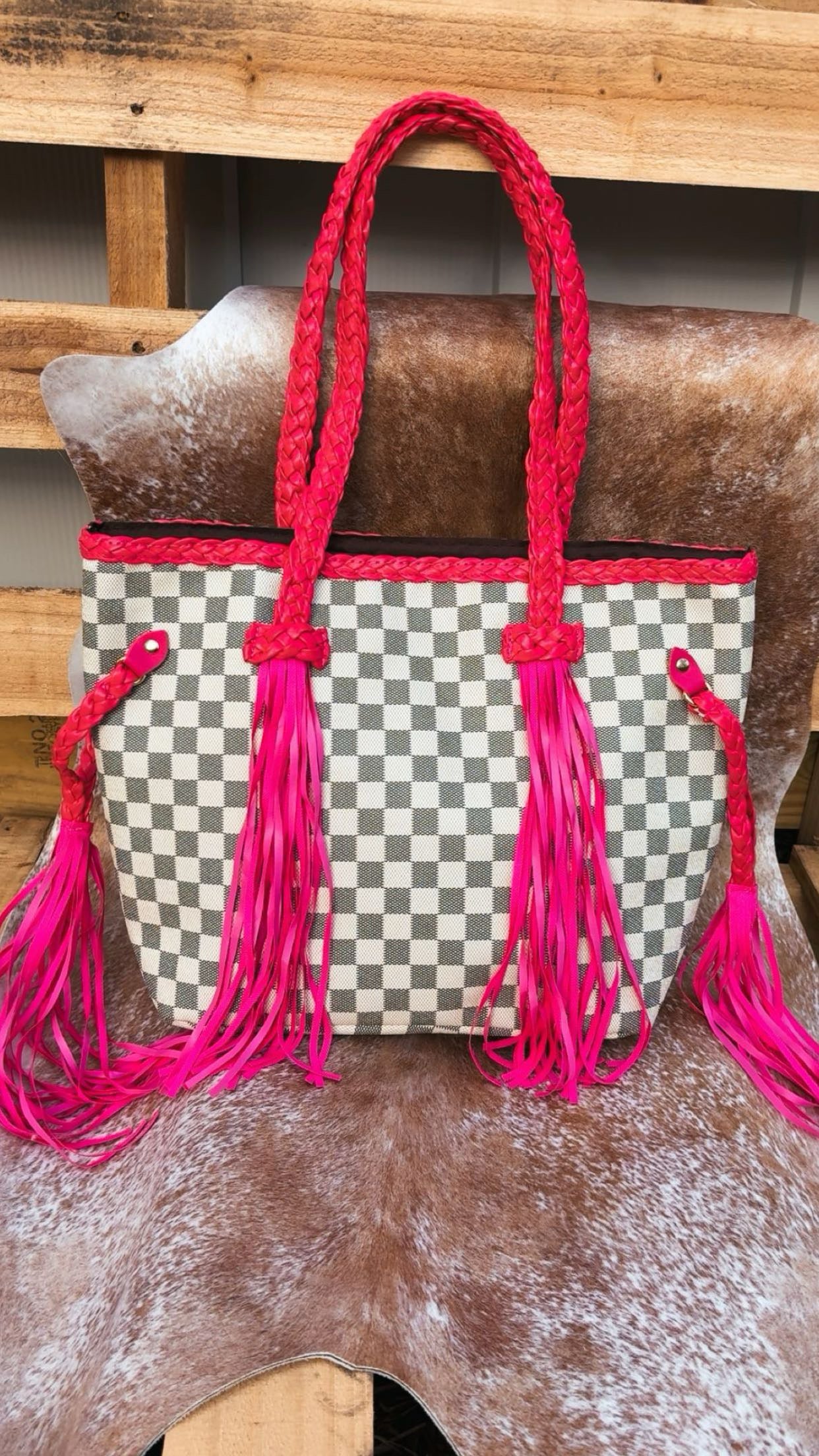 T&F “DOLLY” COWGIRL HOT PINK CHECKERED FRINGE TOTE🦩 (PRE-ORDER CUSTOM MADE)