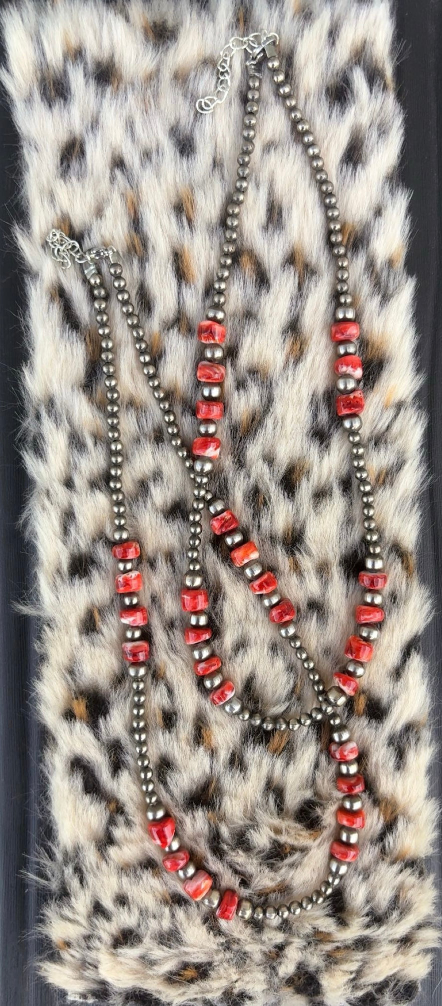 Red Spiny German Silver Navajo Graduated Pearls (16”) with extender