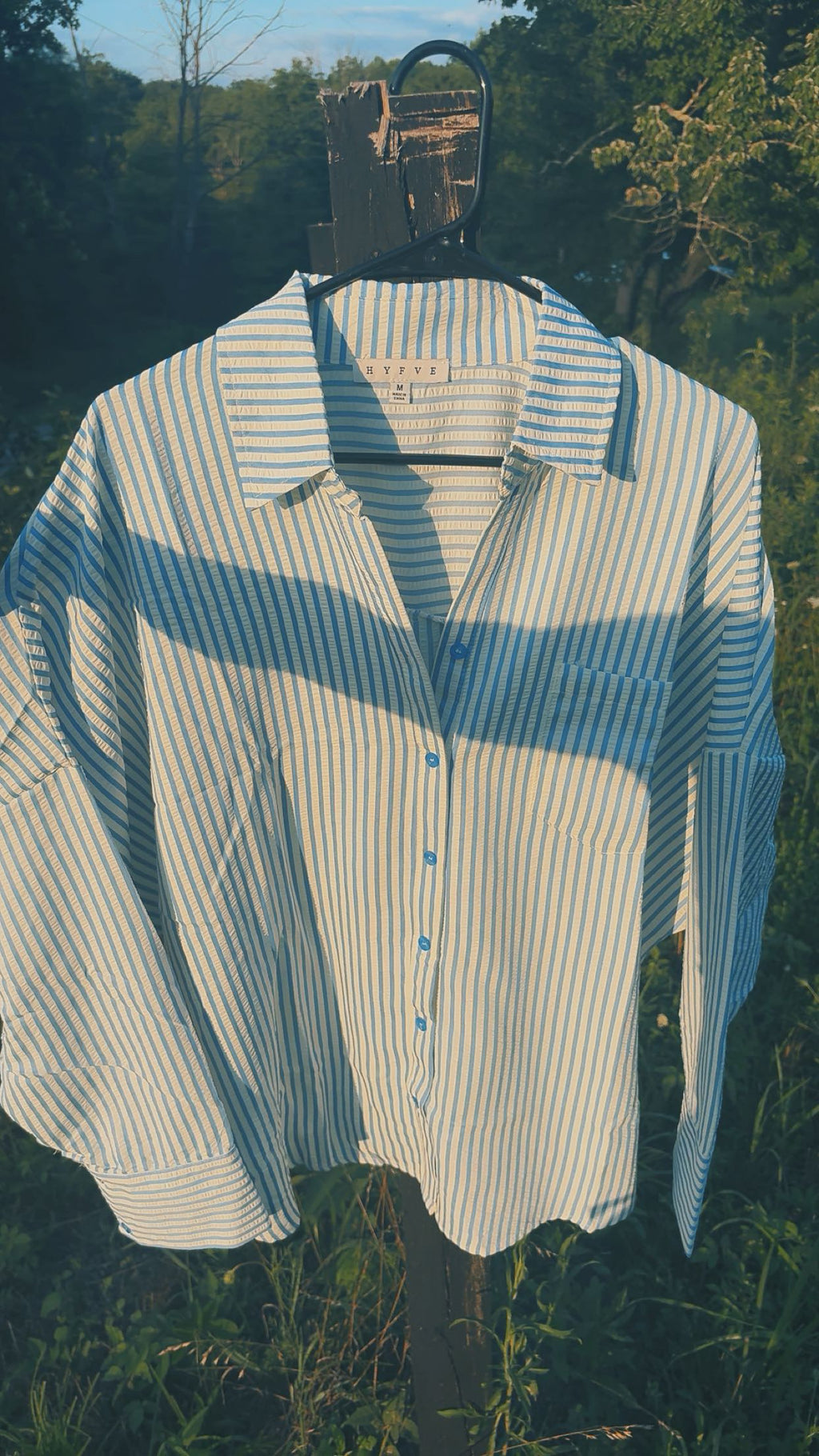 “SADDLE STRIPE TOP” Black & Baby Blue, Women’s S-L