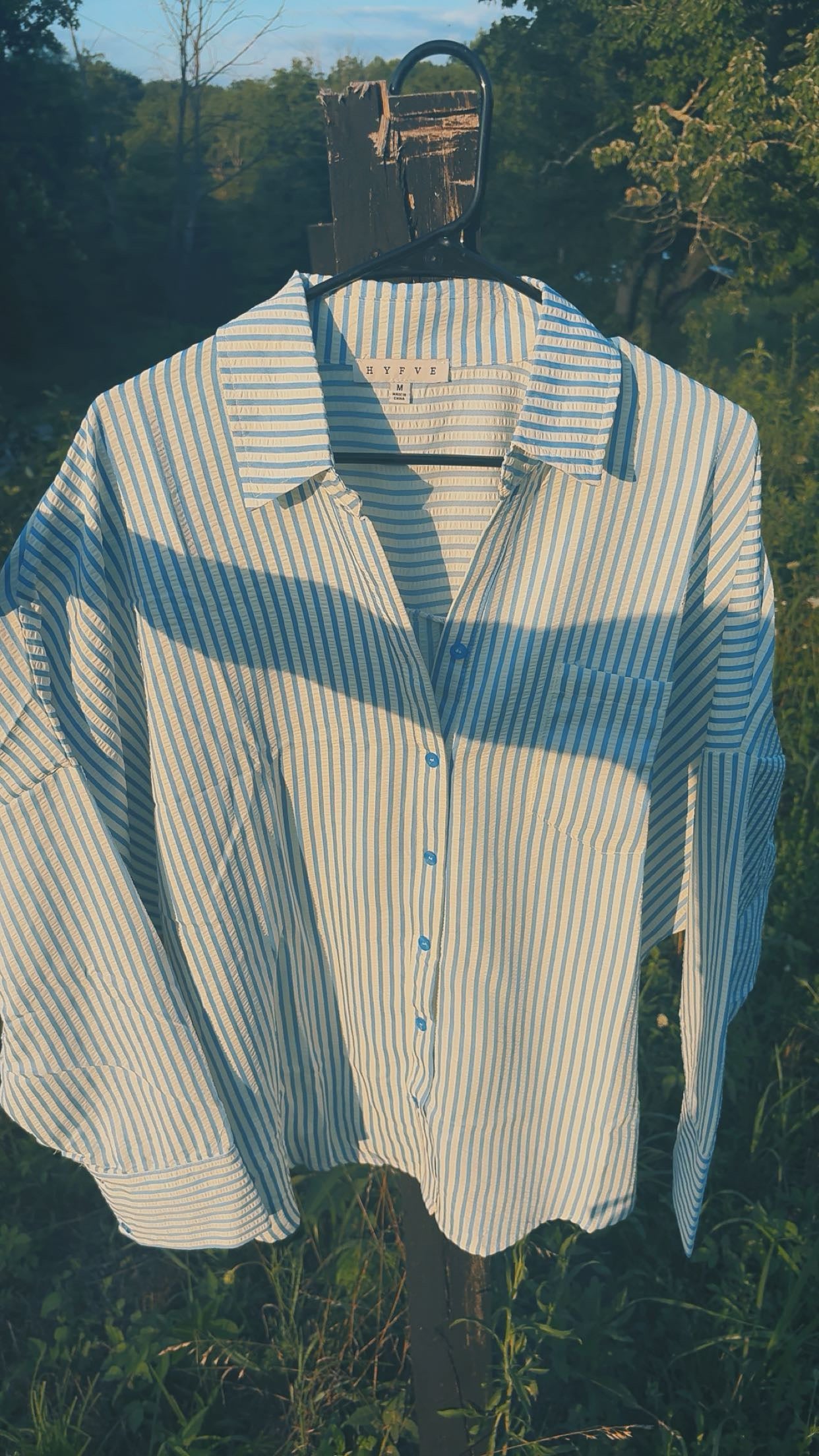 “SADDLE STRIPE TOP” Black & Baby Blue, Women’s S-L