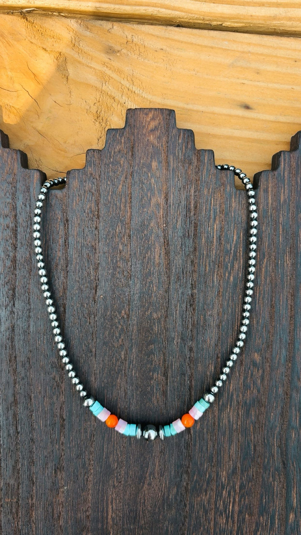 “CANDY COWGIRL” 4 & 6mm hematite pearls with pink opal/orange jasper & turquoise magnesite beads (non tarnish & hypoallergenic)**1.5 week biz day TAT to be strung