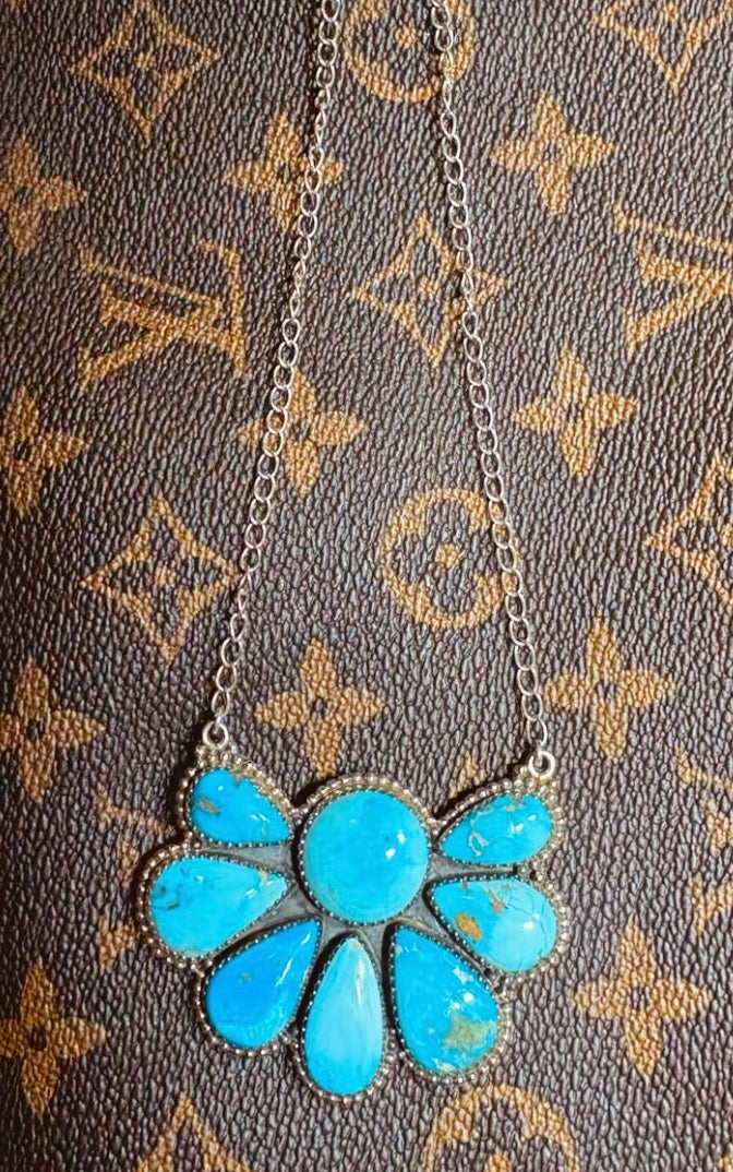 BLUEBIRD TURQUOISE STATEMENT CLUSTER NECKLACE: Sterling Silver 925 (2 1/8” by 1.5”) 20” adj chain