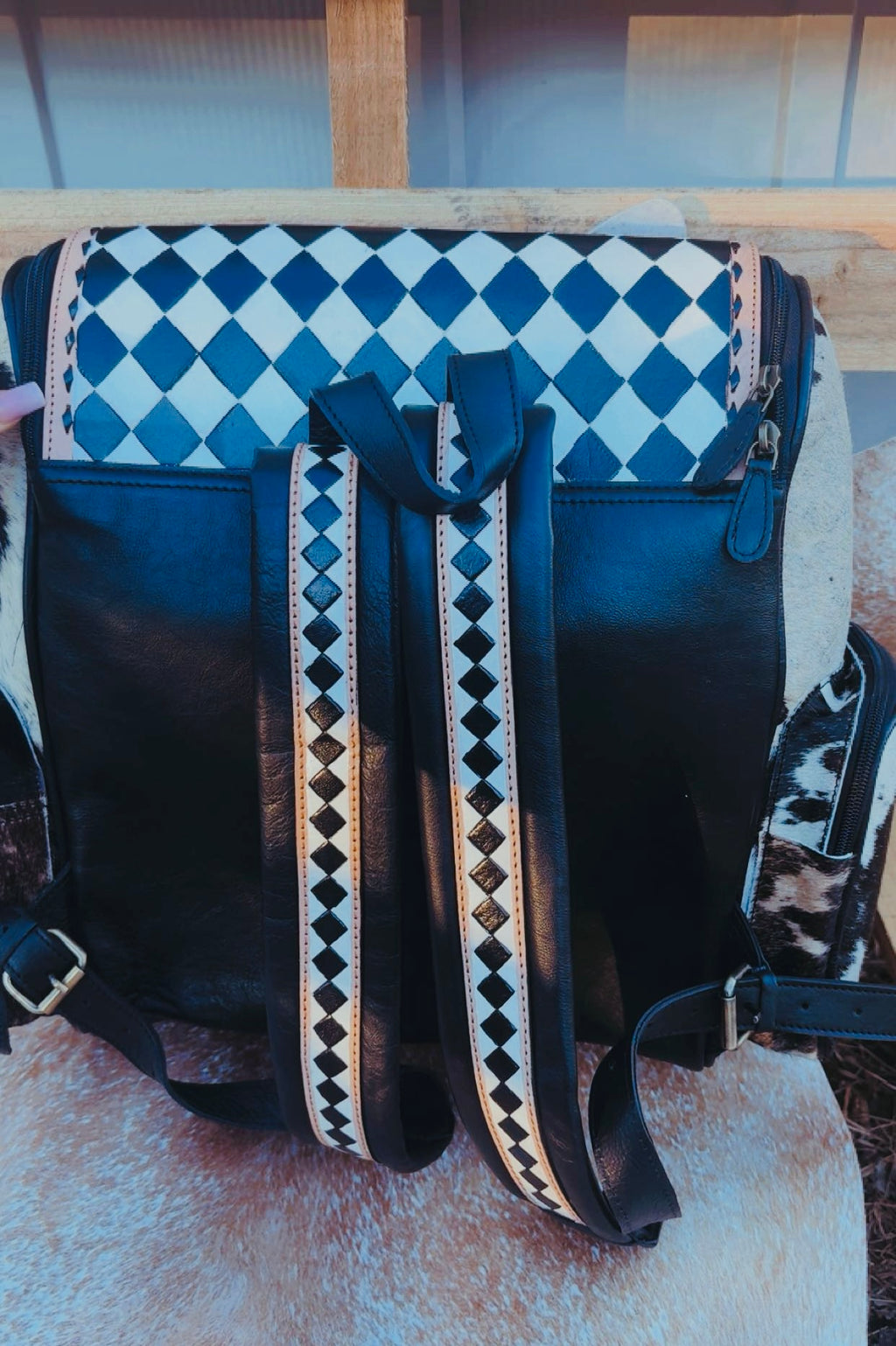 CHECKERED LEATHER & HIDE GAMBLER BACKPACK/DIAPER BAG 🎰: 15” by 18” (has two extra side pockets and one front pocket)