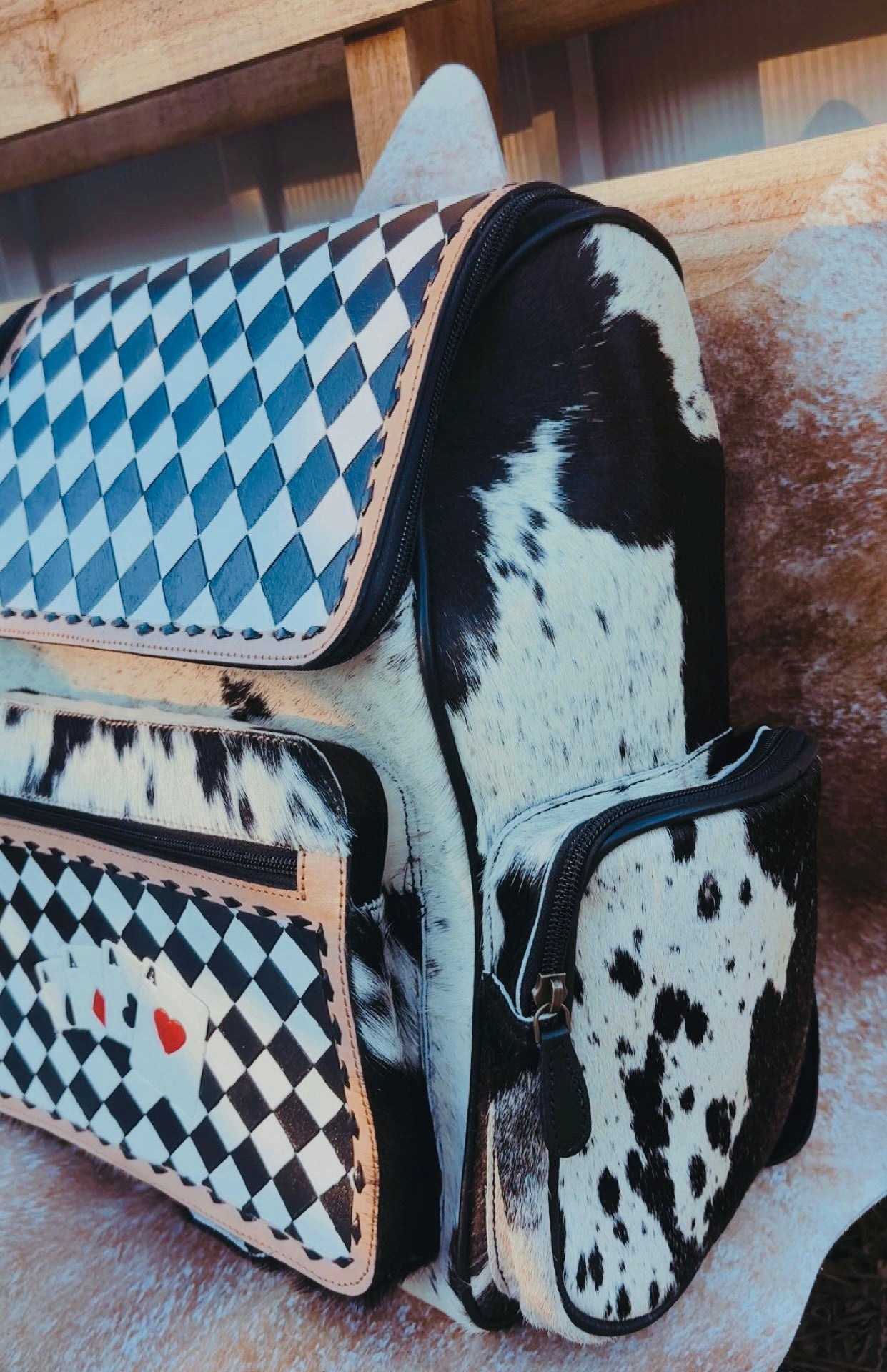 CHECKERED LEATHER & HIDE GAMBLER BACKPACK/DIAPER BAG 🎰: 15” by 18” (has two extra side pockets and one front pocket)