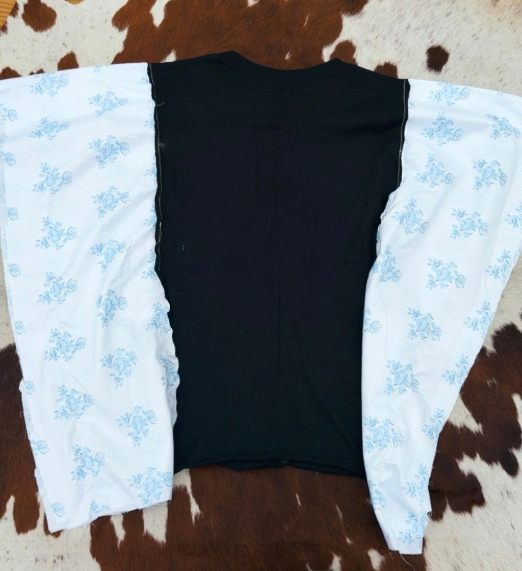 NEW! CUSTOM REWORK: Black & Floral Boho Sleeve Bronco Hand Sewn Graphic Tee Size XL (fits M-XL)