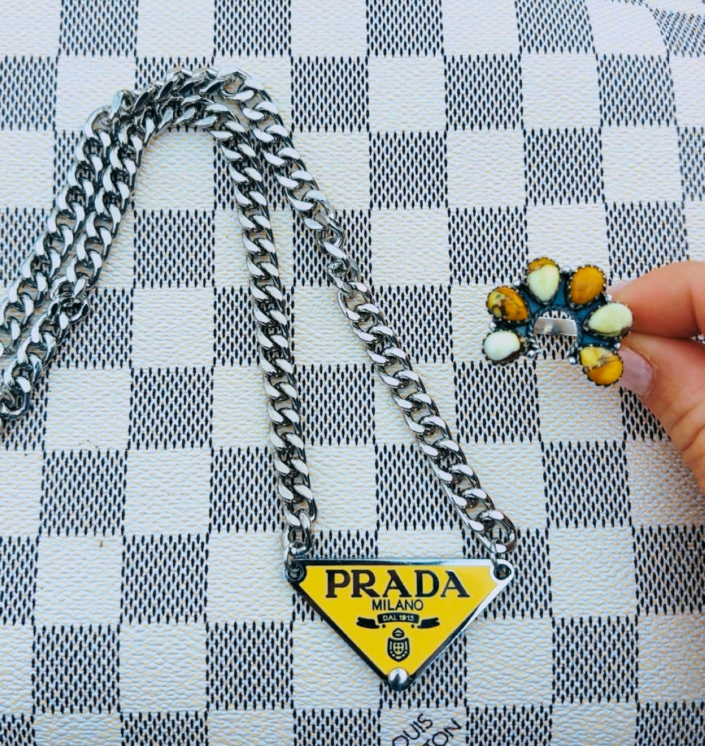 YELLOW PRADA STAINLESS STEEL CHAIN NECKLACE/HONEY DAHLIA STERLING SILVER NAJA RING SET (adjustable)