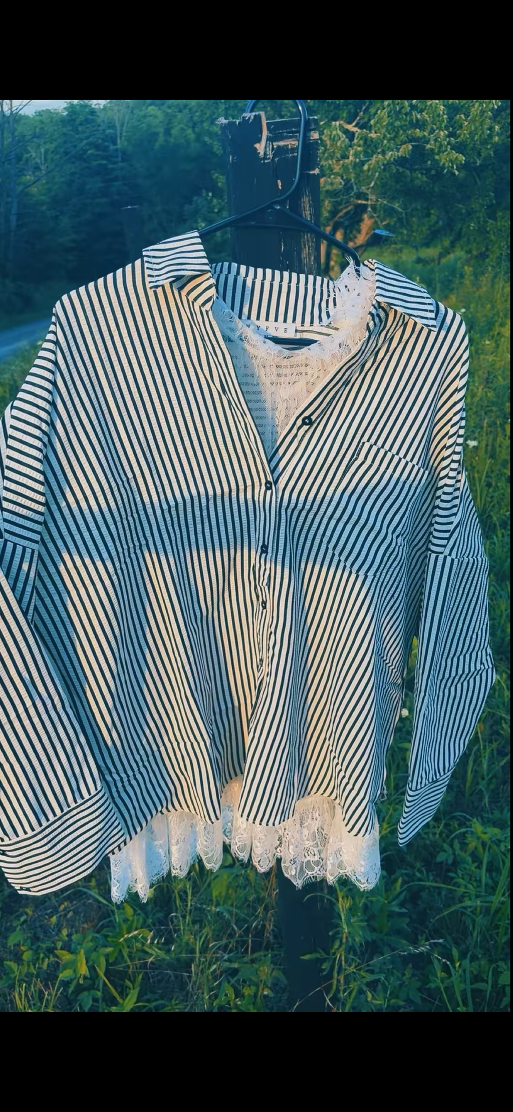 “SADDLE STRIPE TOP” Black & Baby Blue, Women’s S-L