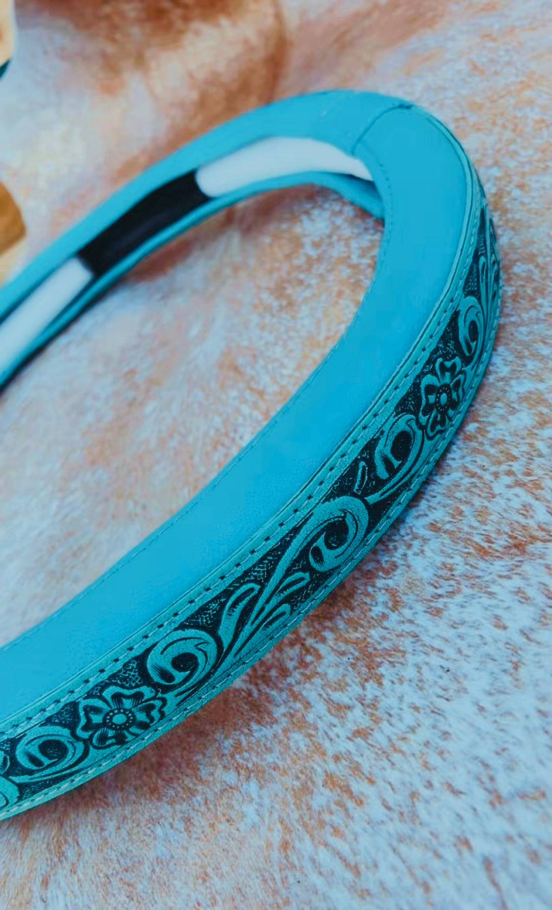 TURQUOISE TOOLED GENUINE LEATHER DETAIL STEERING WHEEL COVER: (15” exterior & 14.5” interior, fits standard wheels)