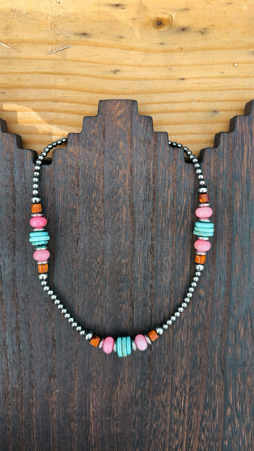 “COLORFUL COWBOY” 4 & 6 mm hematite graduated pearls with pink opal/orange jasper/turquoise magnesite beads (non tarnish & hypoallergenic)**1.5 week biz day TAT to be strung