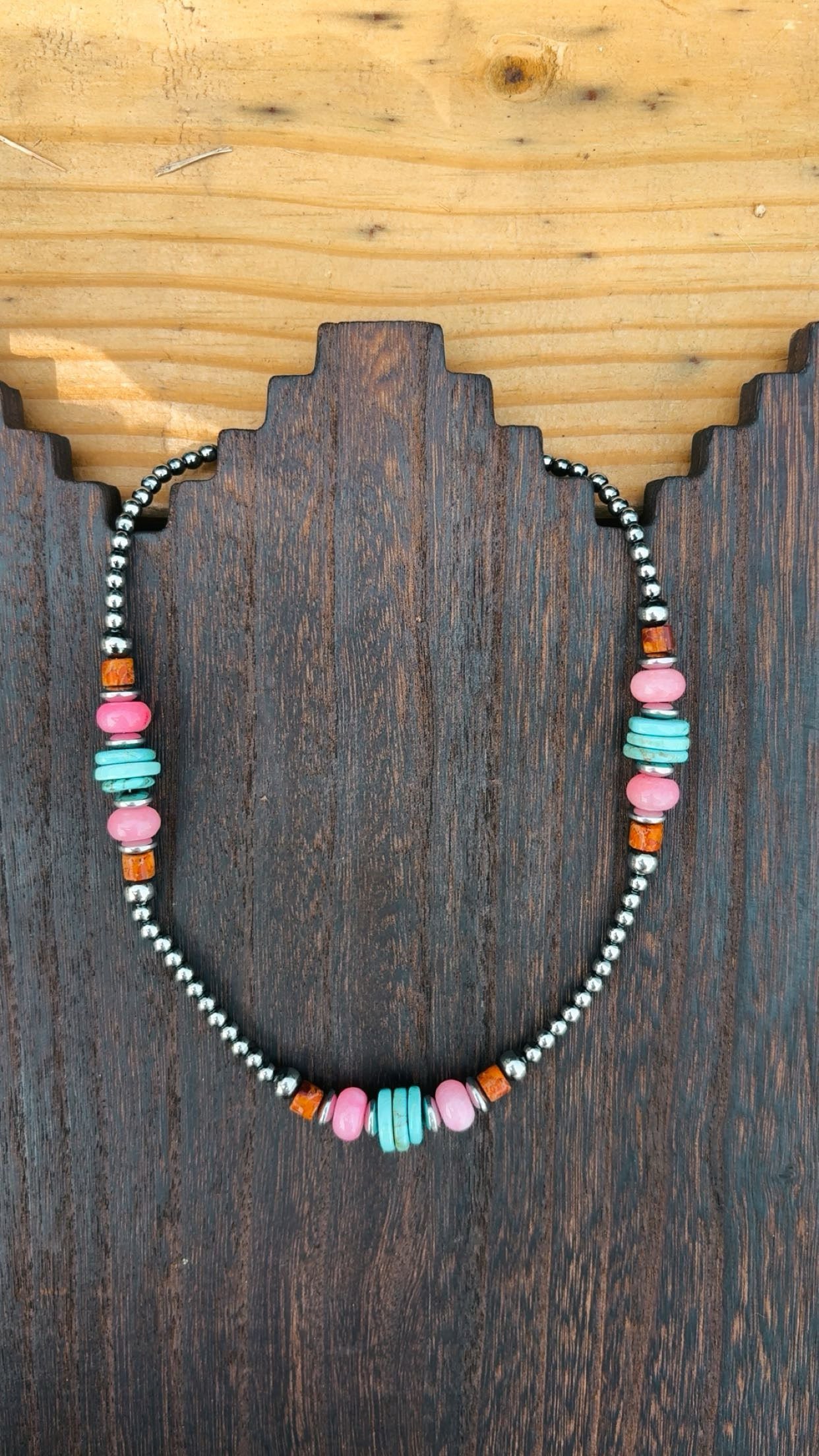 “COLORFUL COWBOY” 4 & 6 mm hematite graduated pearls with pink opal/orange jasper/turquoise magnesite beads (non tarnish & hypoallergenic)**1.5 week biz day TAT to be strung