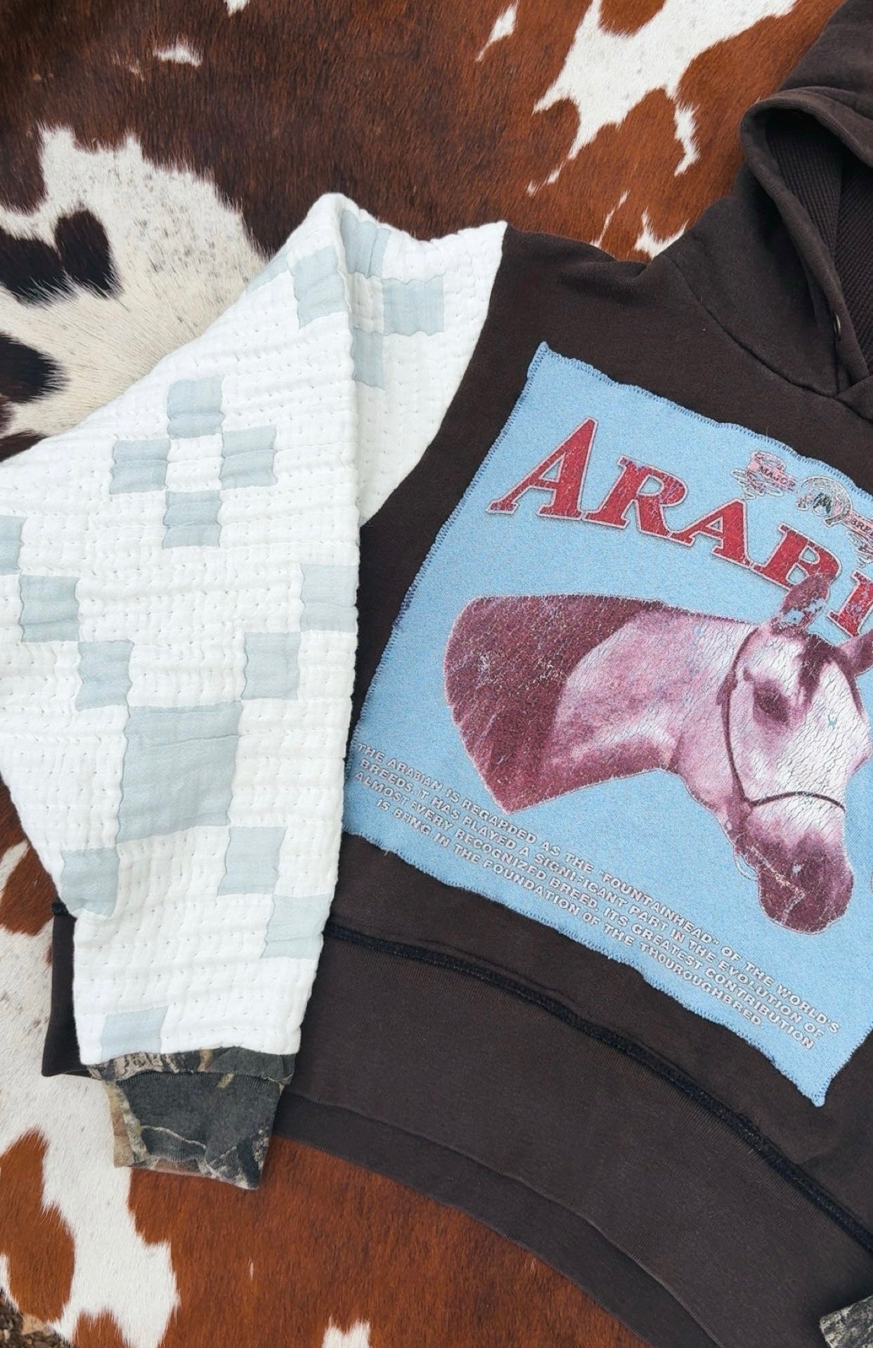 NEW! CUSTOM REWORK: Black Quilt & Camo Sleeve Hand Sewn Arabian Vintage Horse Sweatshirt Size XL cropped (fits M/L)