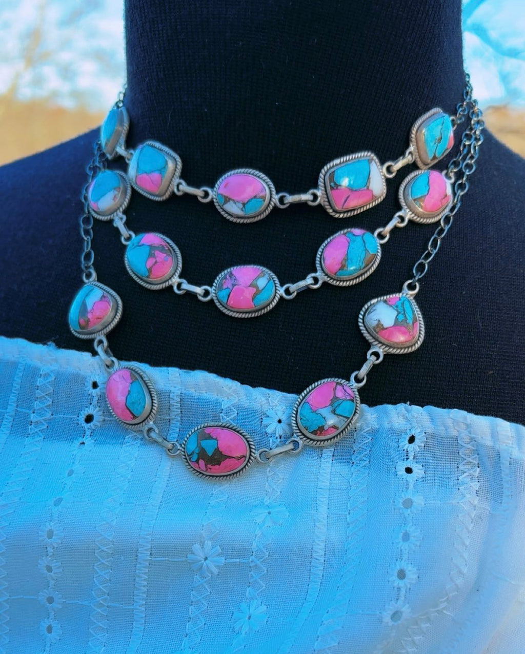 COTTON CANDY TURQUOISE Adjustable Choker Sterling Silver Necklaces (14”-22”)