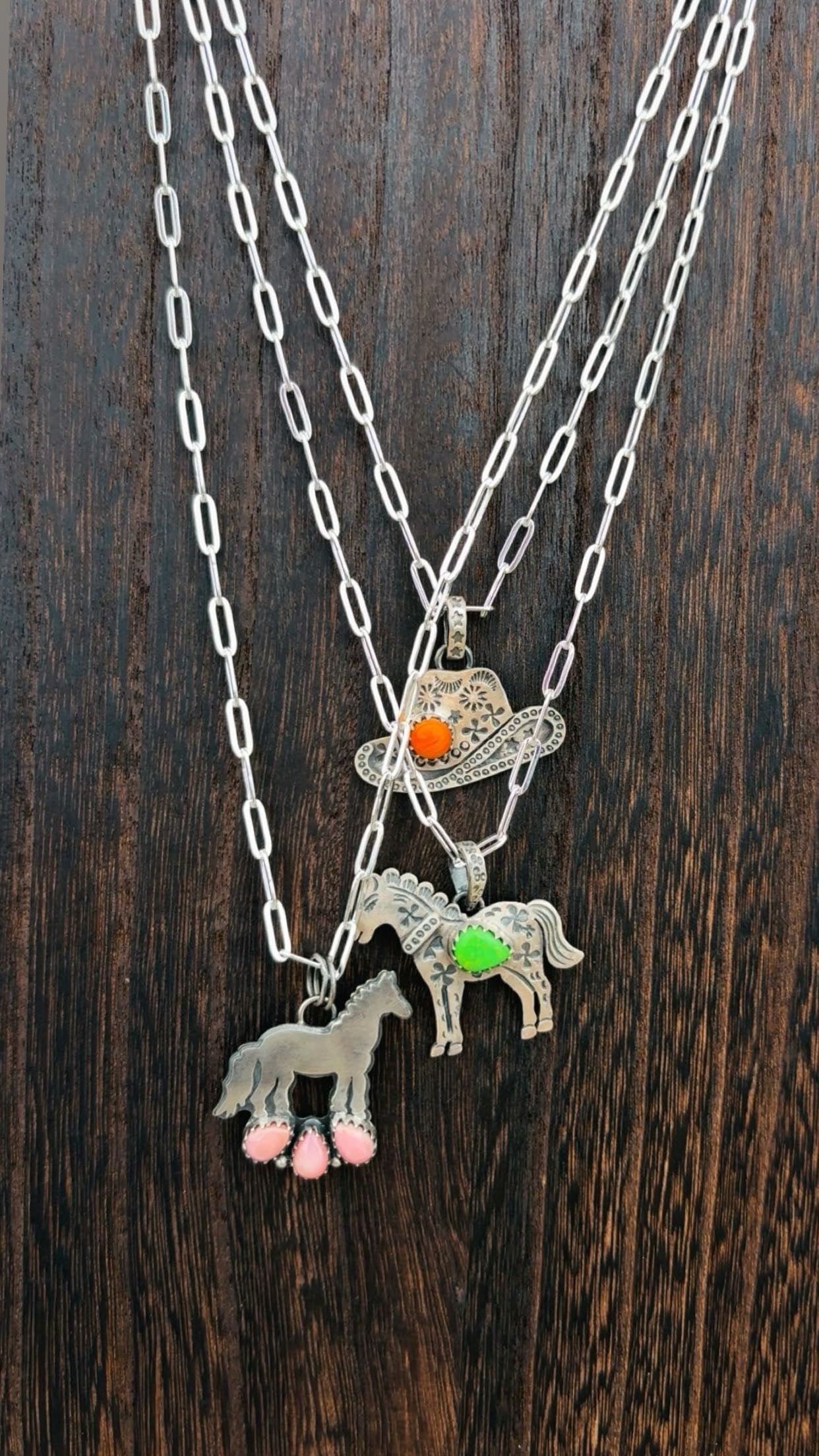HORSES & HATS: Sterling Silver 925 Paperclip Chain Necklaces with removable pendants 17-20”