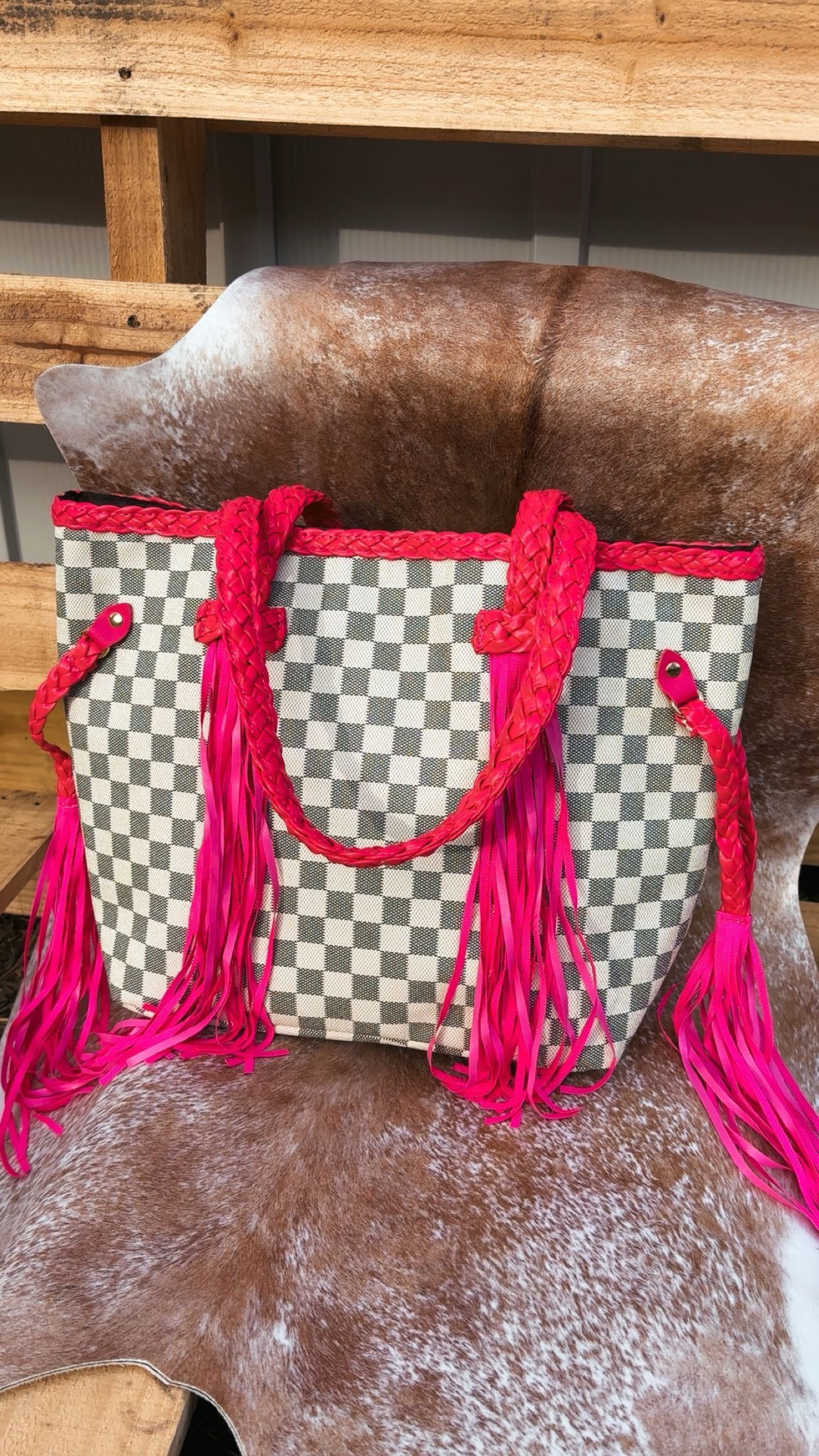 T&F “DOLLY” COWGIRL HOT PINK CHECKERED FRINGE TOTE🦩 (PRE-ORDER CUSTOM MADE)