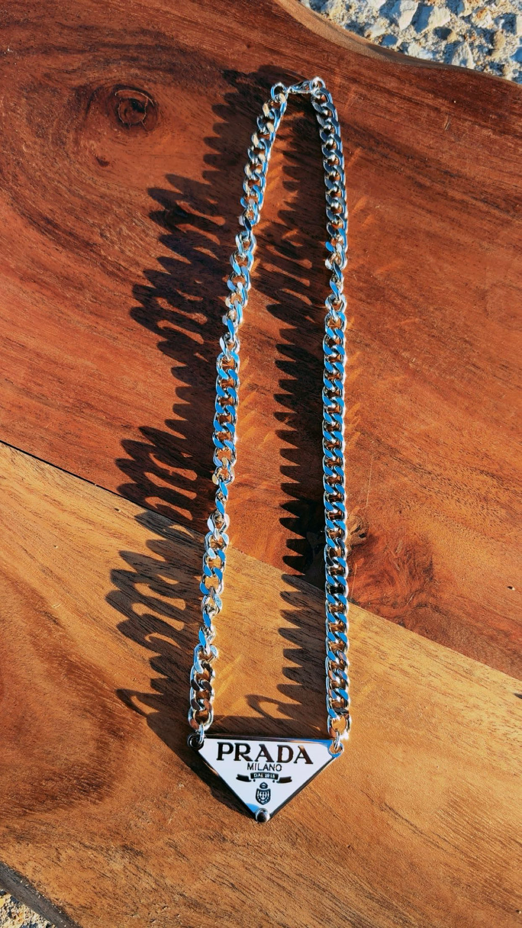 PRADA CHARM STAINLESS STEEL CHAIN NECKLACES 16”  (Few on hand, then pre order is only 1 week:)