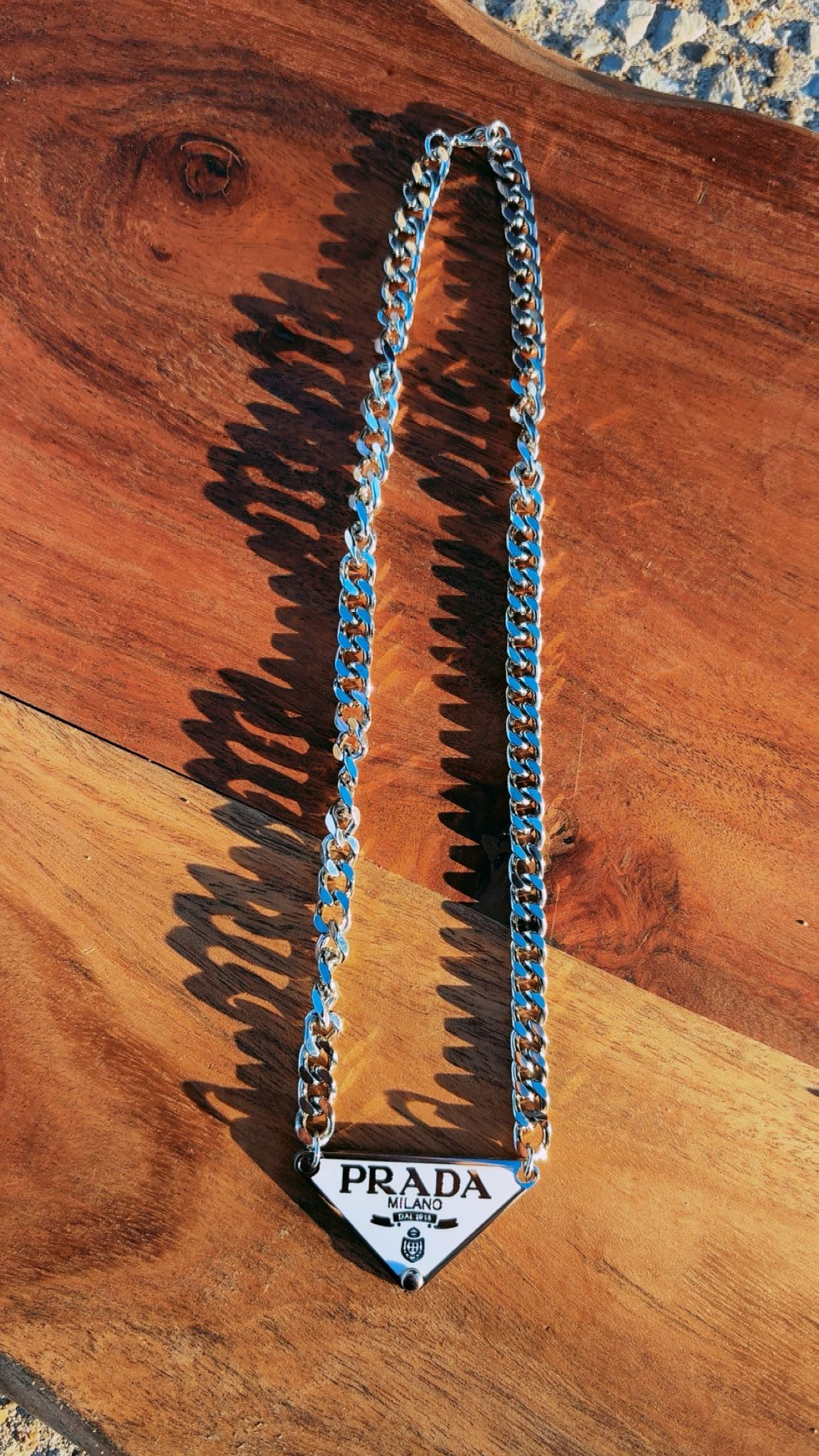 PRADA CHARM STAINLESS STEEL CHAIN NECKLACES 16”  (Few on hand, then pre order is only 1 week:)