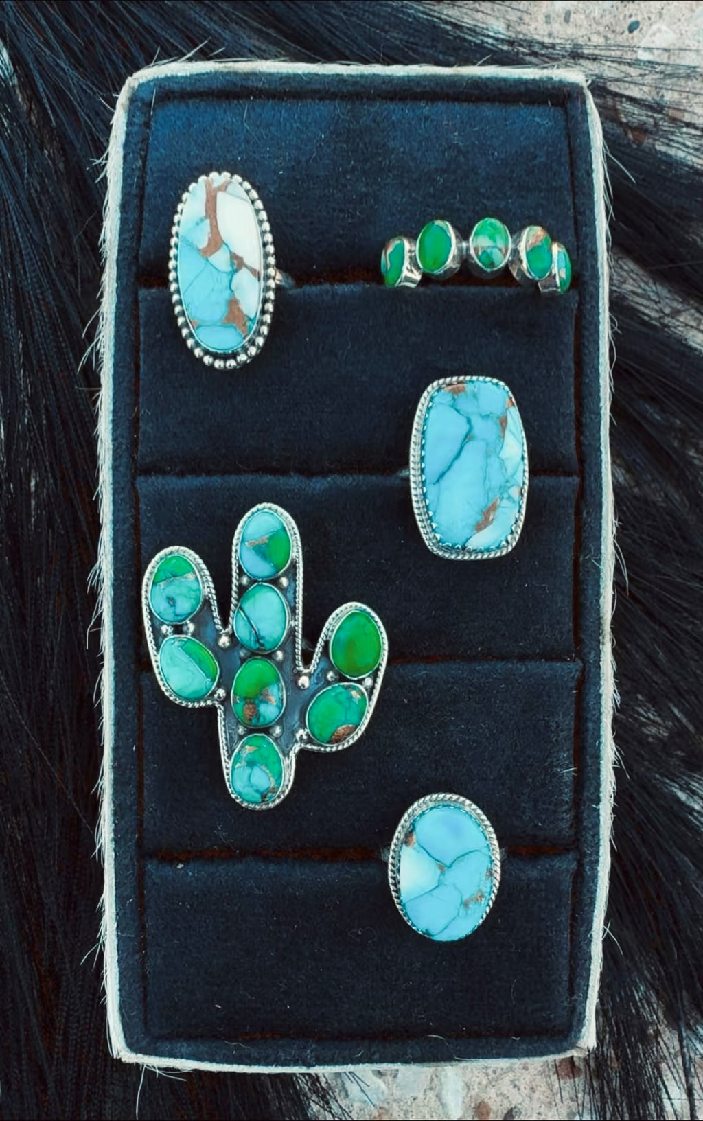 ICE BLUE DAHLIA/PEACOCK DAHLIA DROP: Dyed Kingman Sterling Silver Pieces