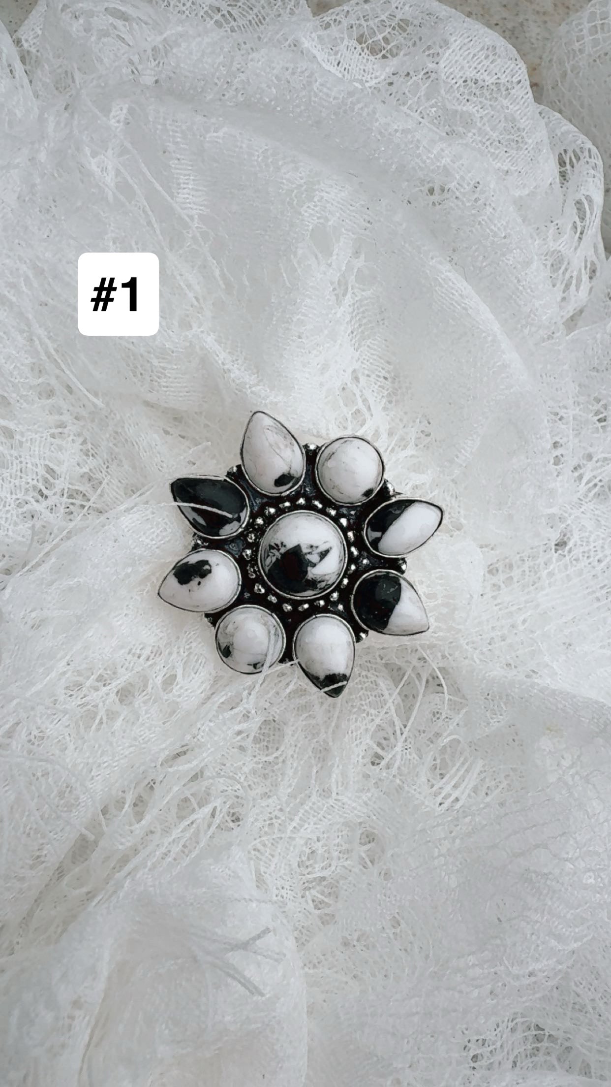 White Buffalo Flower Cluster Rings: Sterling Plated 925 (1 3/8”)