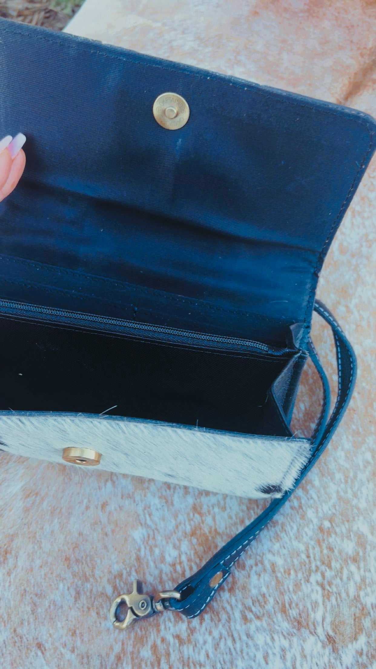 TURQUOISE CHECKERED COW HIDE & LEATHER BOUJEE WALLET:                                   (Comes with wristlet strap, features card slots and zip pocket** Rework patch detail, Not authentic to any brand)