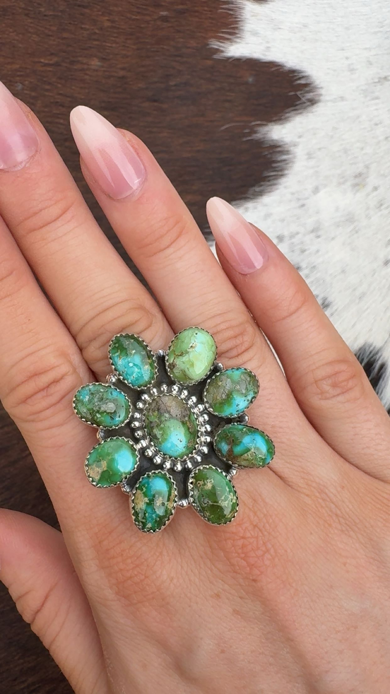 SONORAN TURQUOISE CLUSTER RINGS: Solid Sterling 925, Adjustable size 6-9.5 (All 1.5-1.75”)