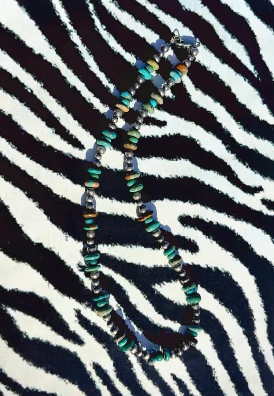 KINGMAN DROP: Sterling Silver Pearl/Kingman Turquoise Necklace 4-6mm 17”