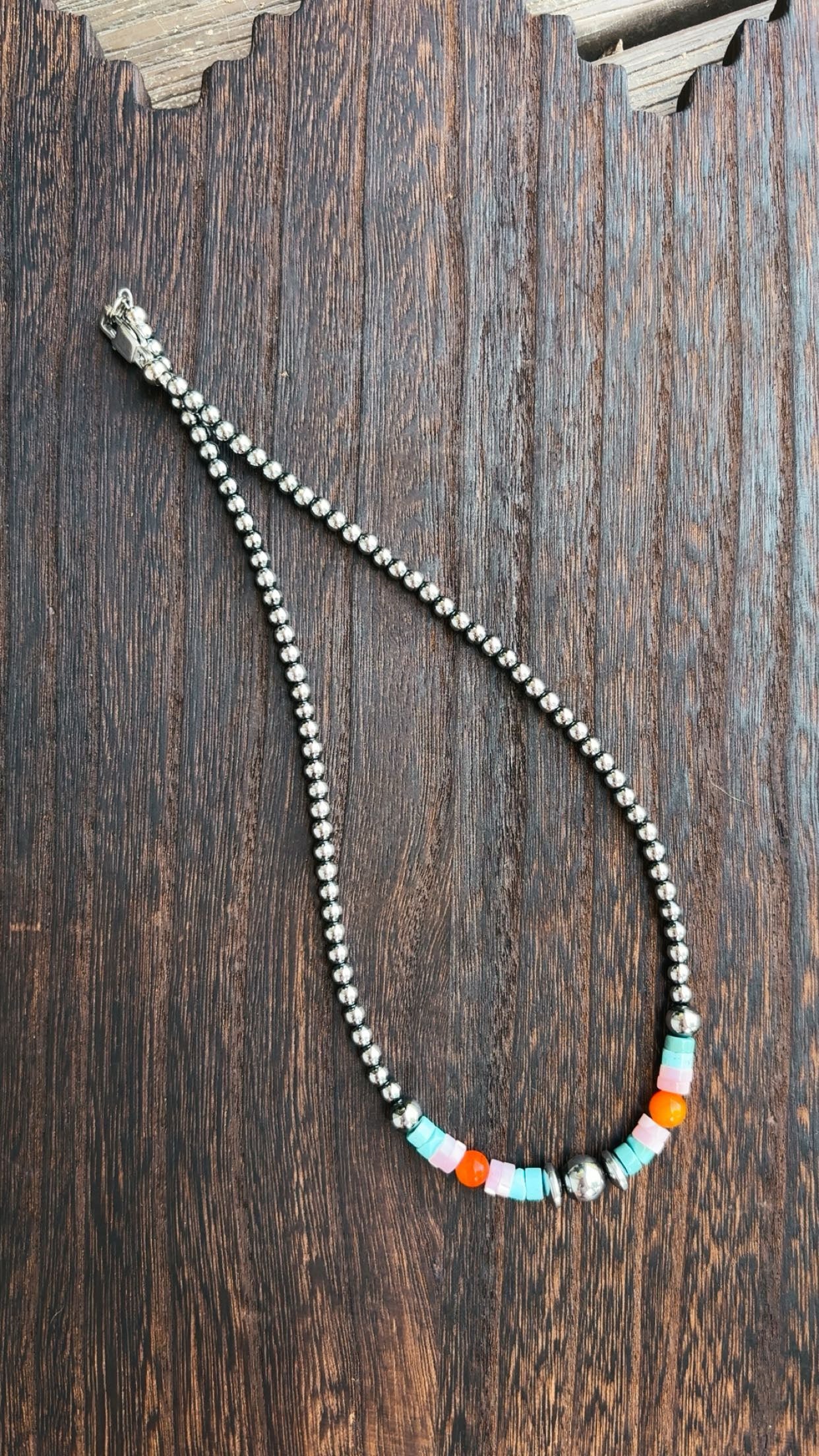 “CANDY COWGIRL” 4 & 6mm hematite pearls with pink opal/orange jasper & turquoise magnesite beads (non tarnish & hypoallergenic)**1.5 week biz day TAT to be strung