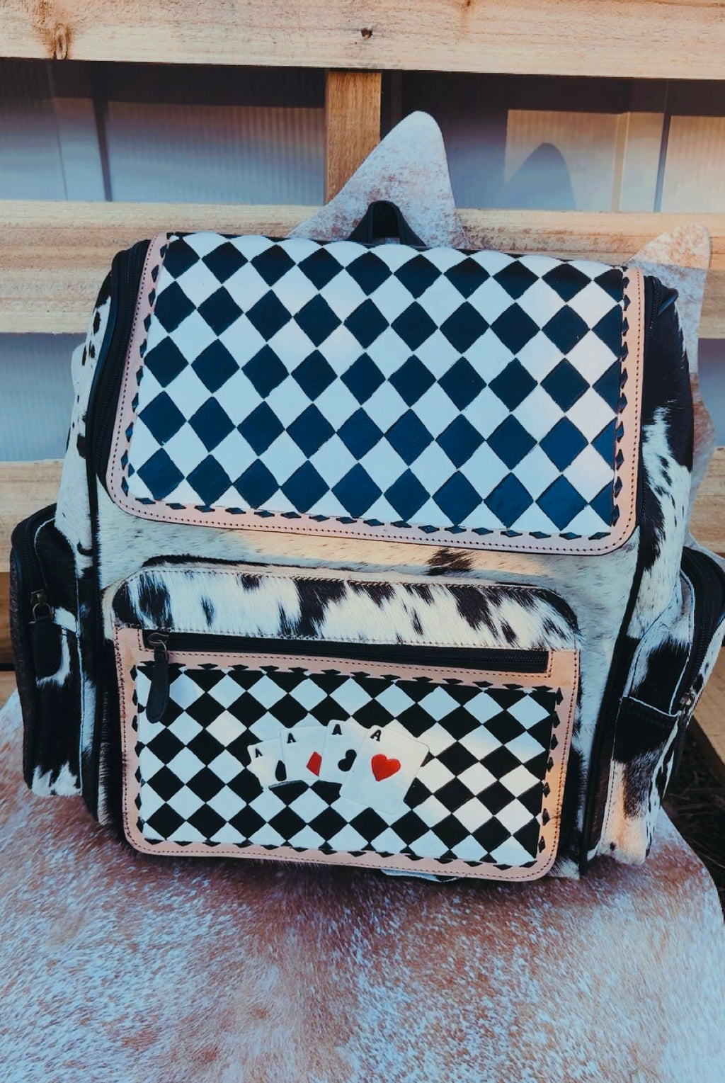CHECKERED LEATHER & HIDE GAMBLER BACKPACK/DIAPER BAG 🎰: 15” by 18” (has two extra side pockets and one front pocket)