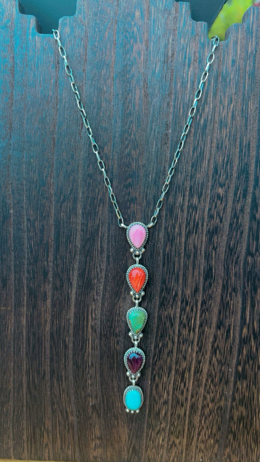 MULTI STONE DROP LARIAT: Solid Sterling Silver 925 (pink conch, red spiny, kingman & purple spiny stones) 4 3/4” stone drop & 16” adjustable paperclip chain