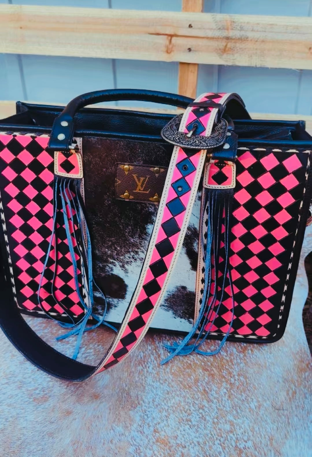 PINK CHECKERED GENUINE HIDE & LEATHER BOUJEE TOTE: (Buckle crossbody strap, two conceal carry pockets on exterior. Inside pockets shown rework patch detail, **not authentic to any brand)PRE ORDER 2-2.5 weeks