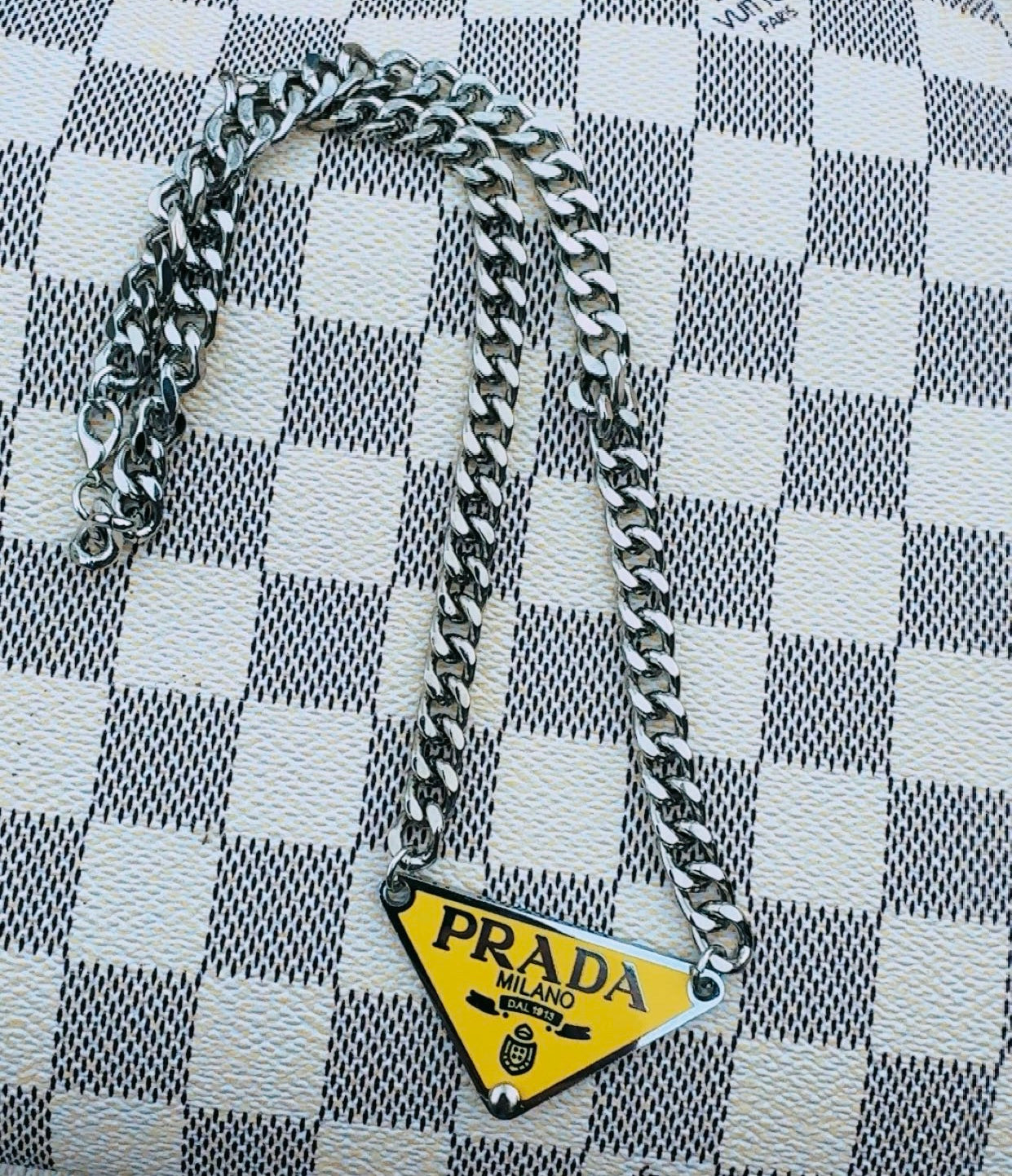 YELLOW PRADA STAINLESS STEEL CHAIN NECKLACE/HONEY DAHLIA STERLING SILVER NAJA RING SET (adjustable)