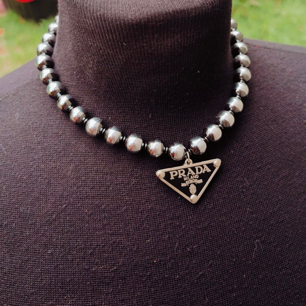 CHUNKY PRADA PEARLS: 10mm Hematite Pearls with Prada Tag 16” & 18” (Black or White) (non tarnish & hypoallergenic!) PRE ORDER- please allow 2 weeks biz days!