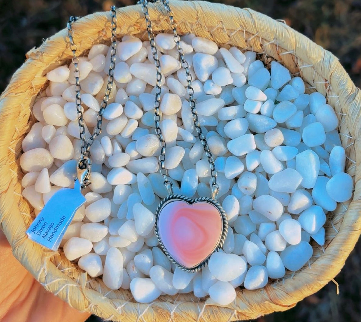 Johnny Dixon Navajo Handmade/Signed Pink Conch Sterling Heart Necklace