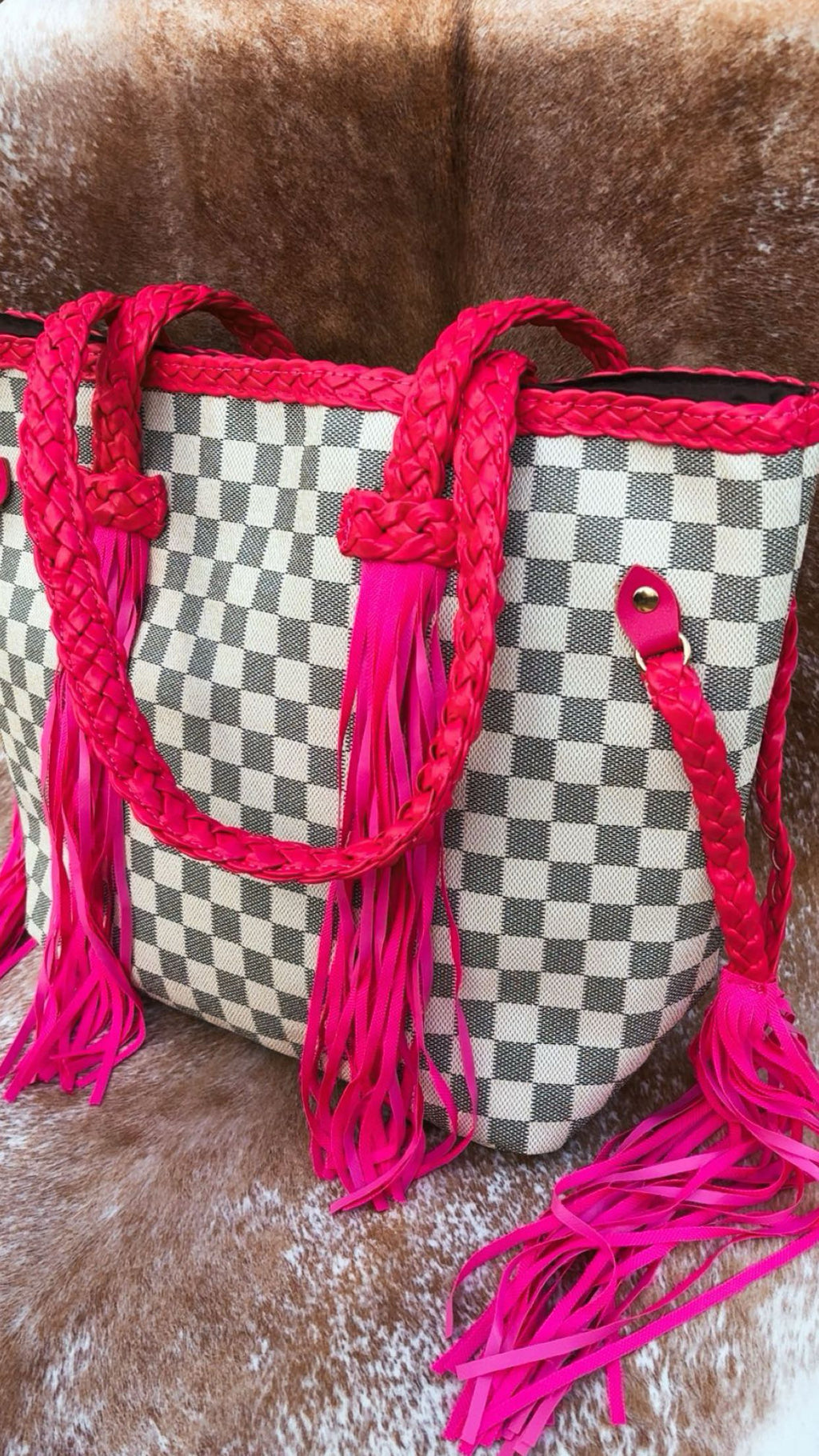 T&F “DOLLY” COWGIRL HOT PINK CHECKERED FRINGE TOTE🦩 (PRE-ORDER CUSTOM MADE)