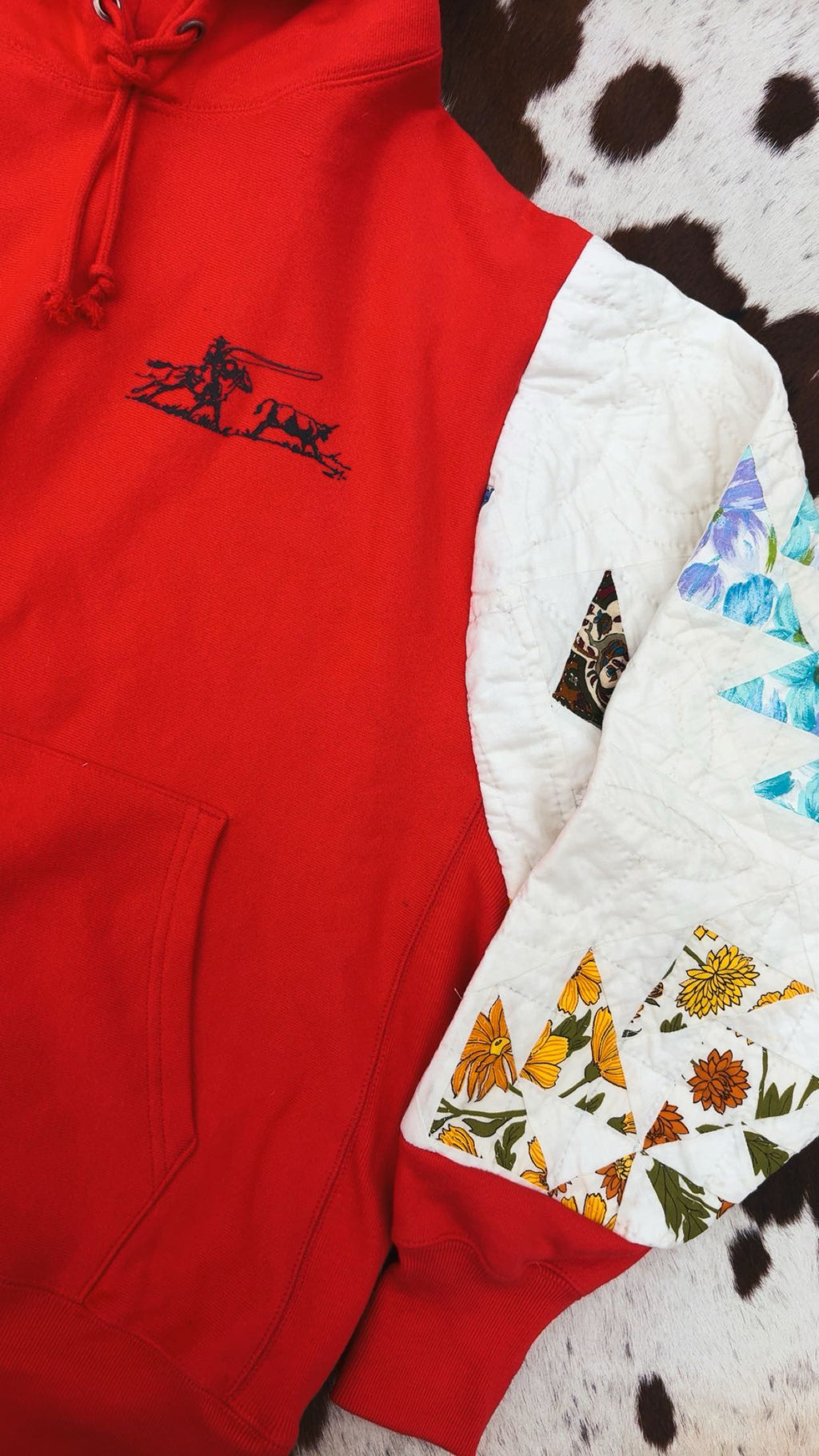 NEW! CUSTOM REWORK: Red Rodeo Quilt Sleeve Sweatshirt Hand Sewn Size Large