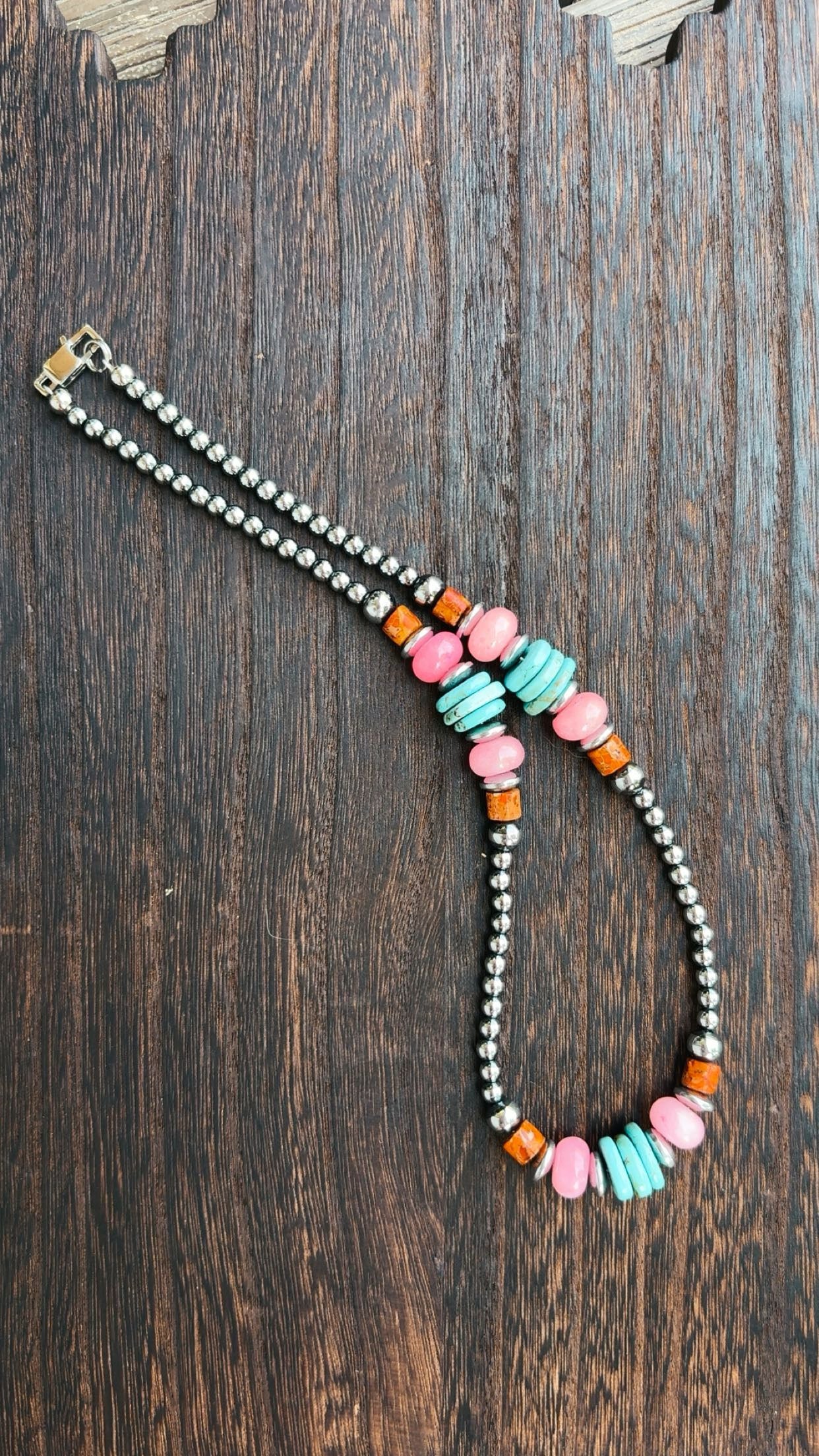 “COLORFUL COWBOY” 4 & 6 mm hematite graduated pearls with pink opal/orange jasper/turquoise magnesite beads (non tarnish & hypoallergenic)**1.5 week biz day TAT to be strung