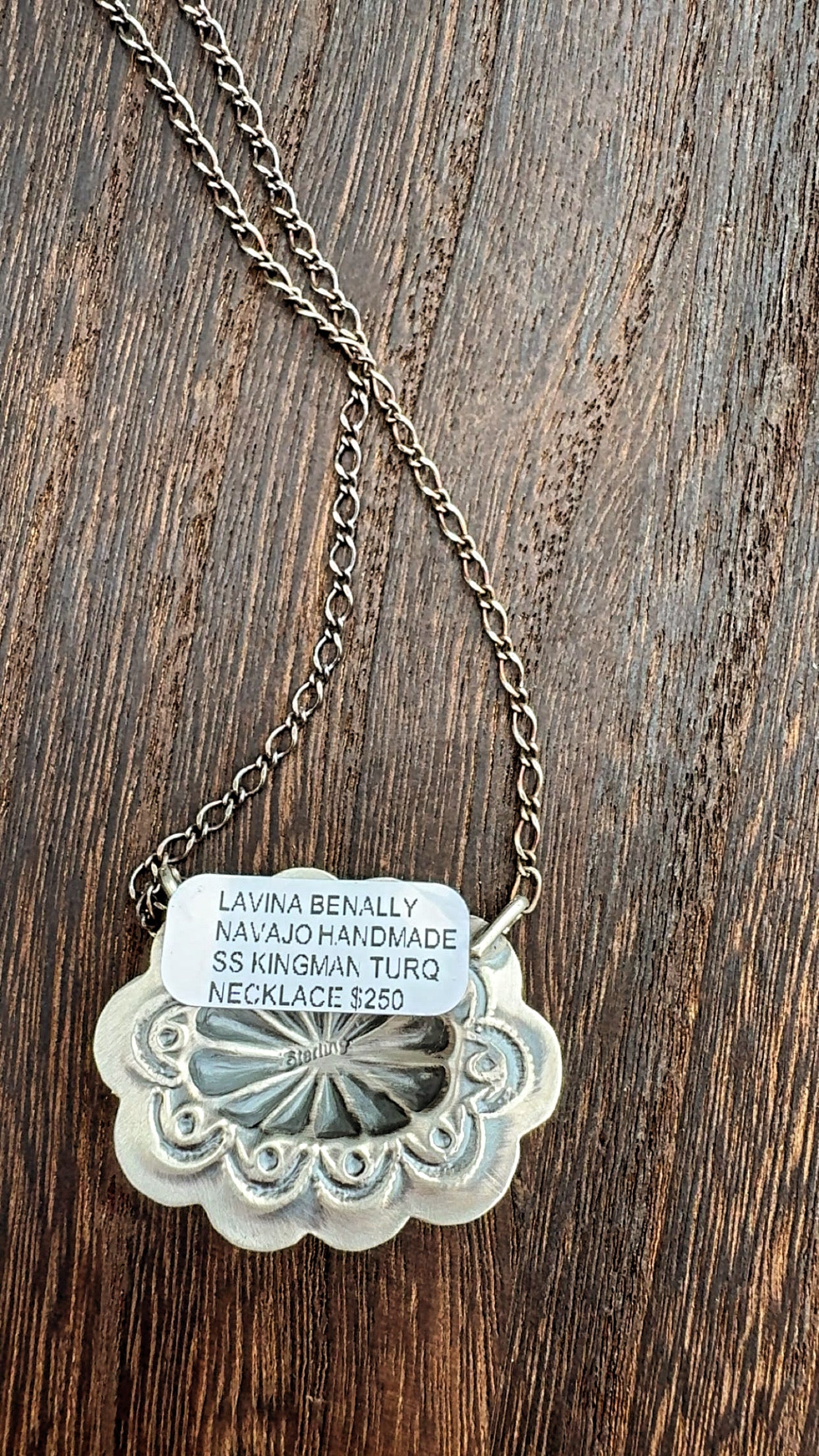 Lavina Benally Navajo Made Kingman Concho Sterling Necklace 20” adj. chain