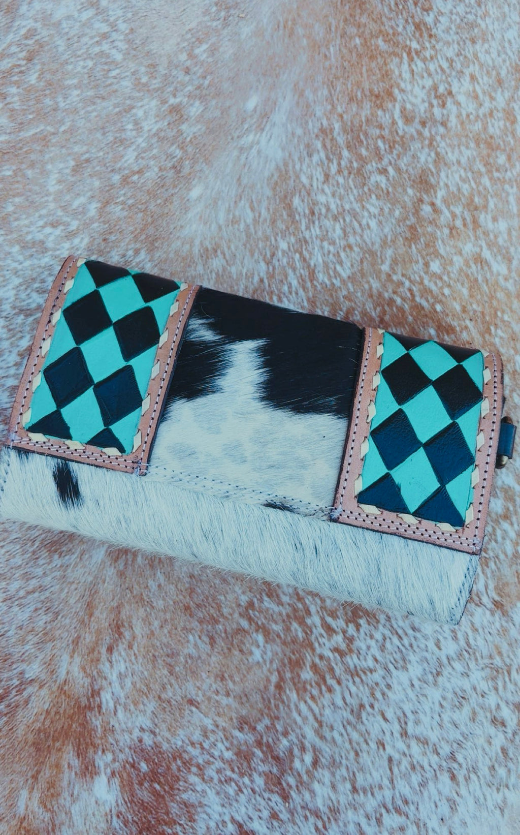 TURQUOISE CHECKERED COW HIDE & LEATHER BOUJEE WALLET:                                   (Comes with wristlet strap, features card slots and zip pocket** Rework patch detail, Not authentic to any brand)
