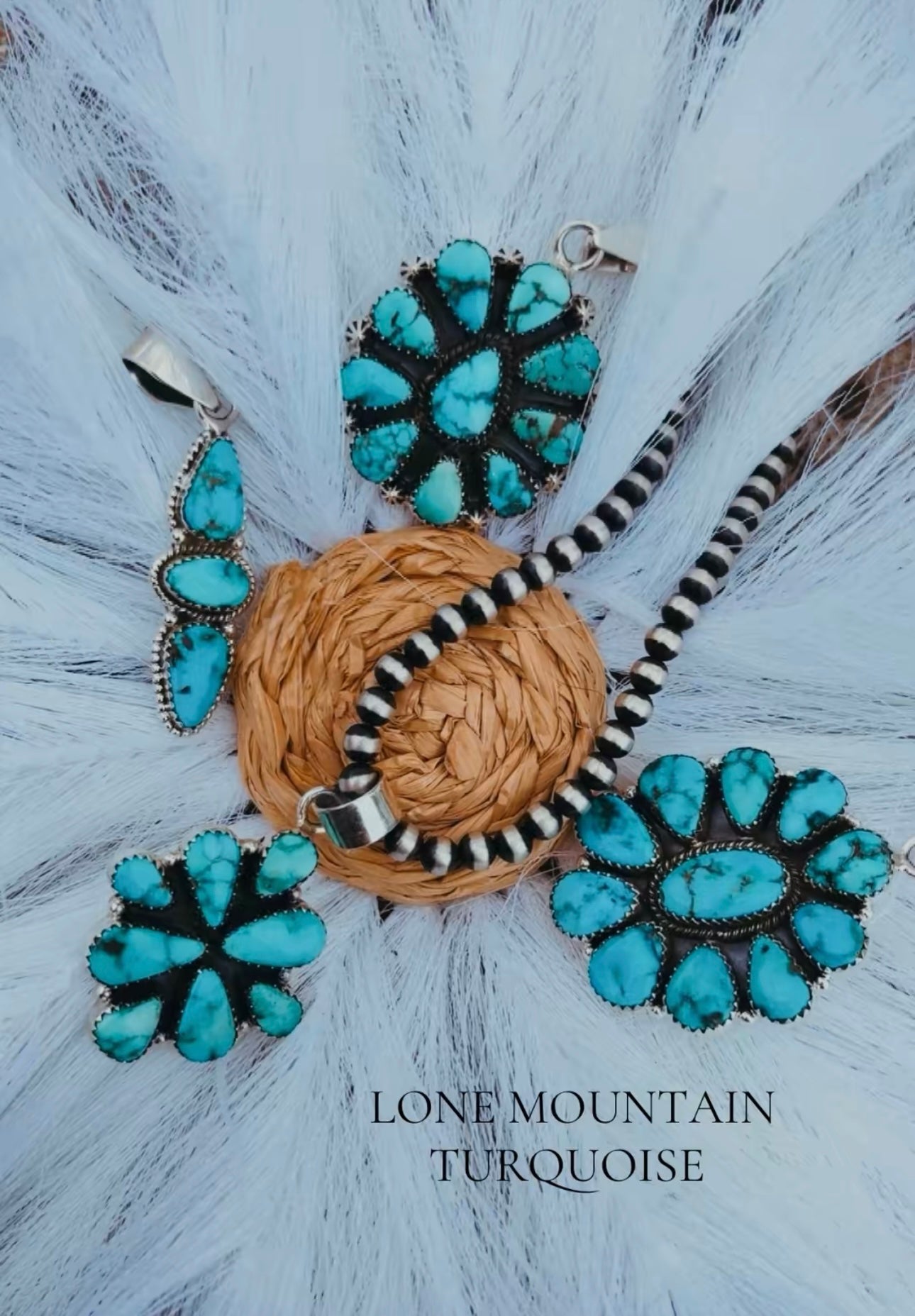 LONE MOUNTAIN TURQUOISE: Sterling Silver Cluster Pendants (all fit up to 7mm pearls)