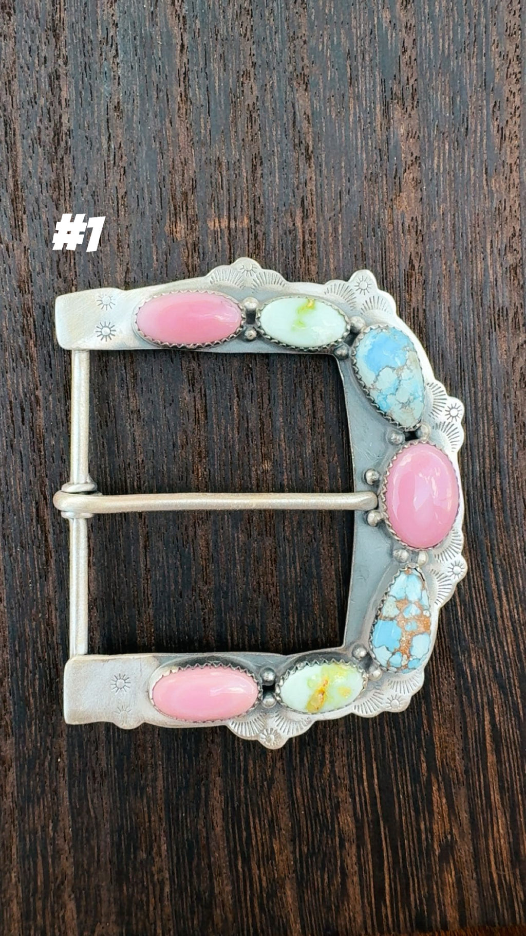 MULTI STONE BELT BUCKLES: Pink Conch, Palomino & Golden Hills Turquoise Solid Sterling Silver 925 Stamped with Matte Silver Finish (2 5/8” by 2 1/4”)