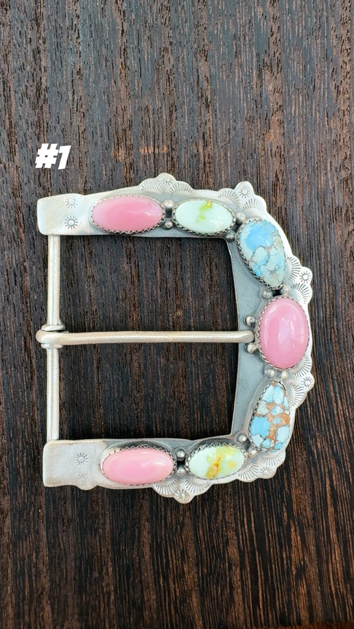 MULTI STONE BELT BUCKLES: Pink Conch, Palomino & Golden Hills Turquoise Solid Sterling Silver 925 Stamped with Matte Silver Finish (2 5/8” by 2 1/4”)