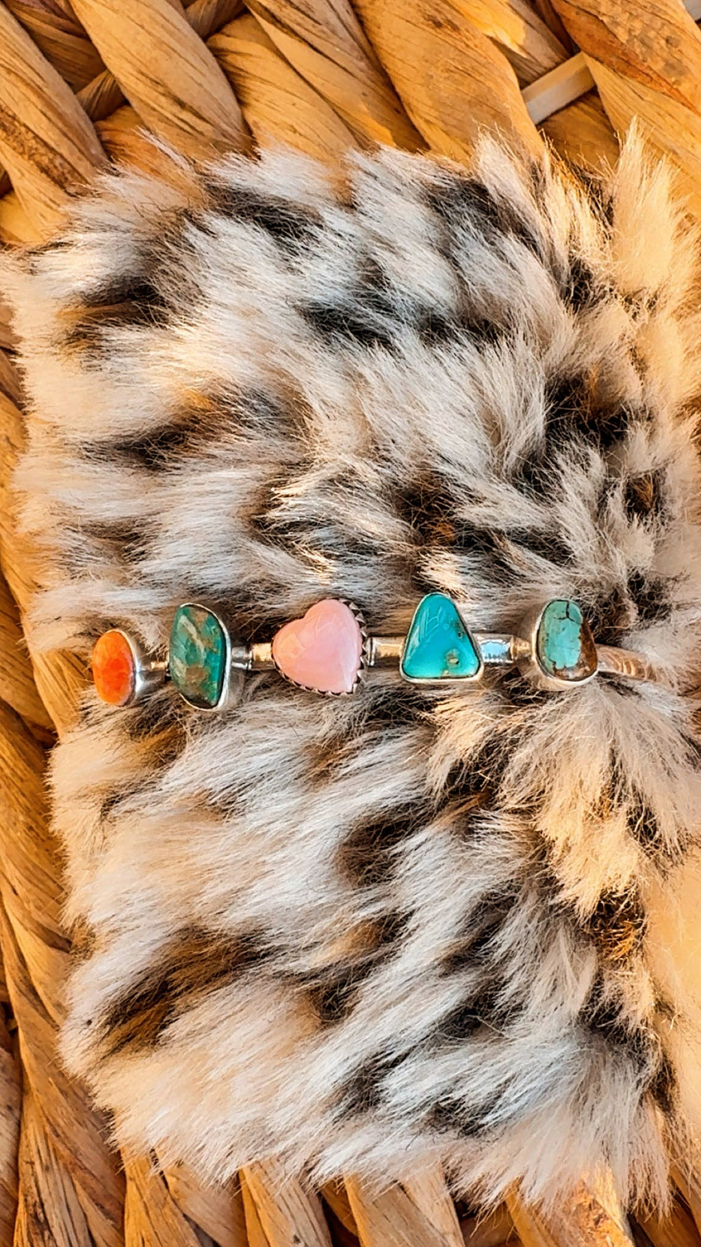 Multi Stone Cuff- Sterling Silver (Orange Spiny, Pink Conch, Kingman & Mine 8 Turquoise) (6-7.5” flex, 1/2” stones)