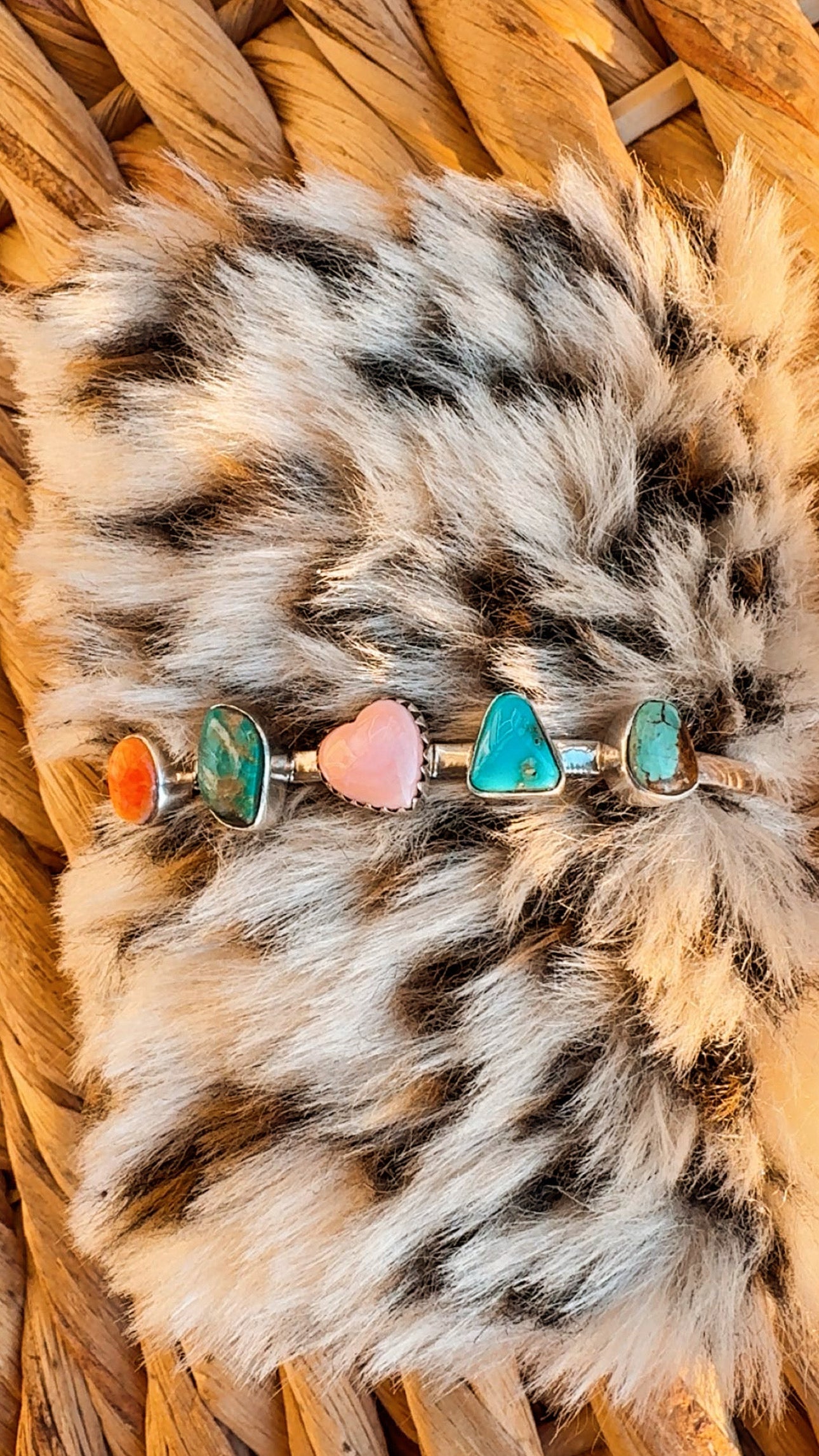 Multi Stone Cuff- Sterling Silver (Orange Spiny, Pink Conch, Kingman & Mine 8 Turquoise) (6-7.5” flex, 1/2” stones)