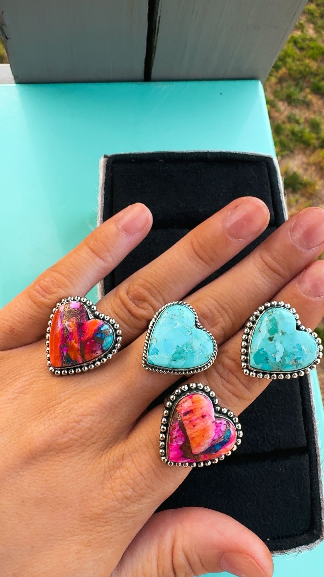Kingman & Pink Dahlia Heart Rings: Sterling 925 (7/8”)