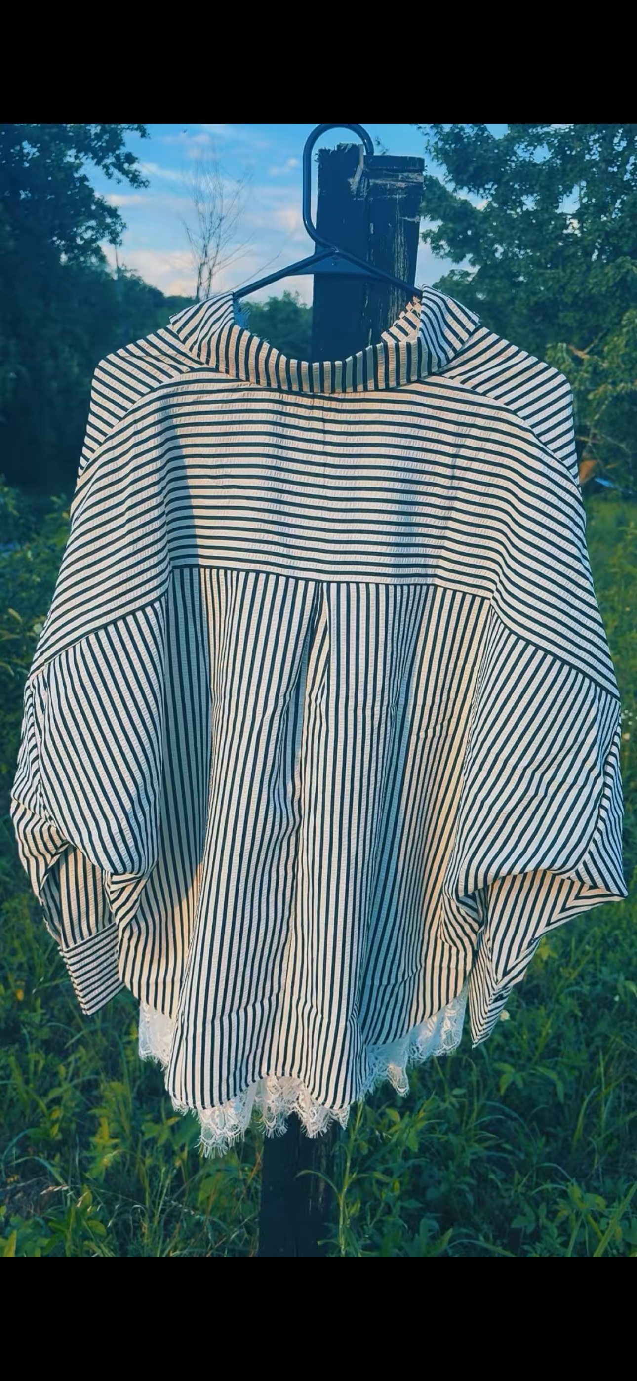 “SADDLE STRIPE TOP” Black & Baby Blue, Women’s S-L